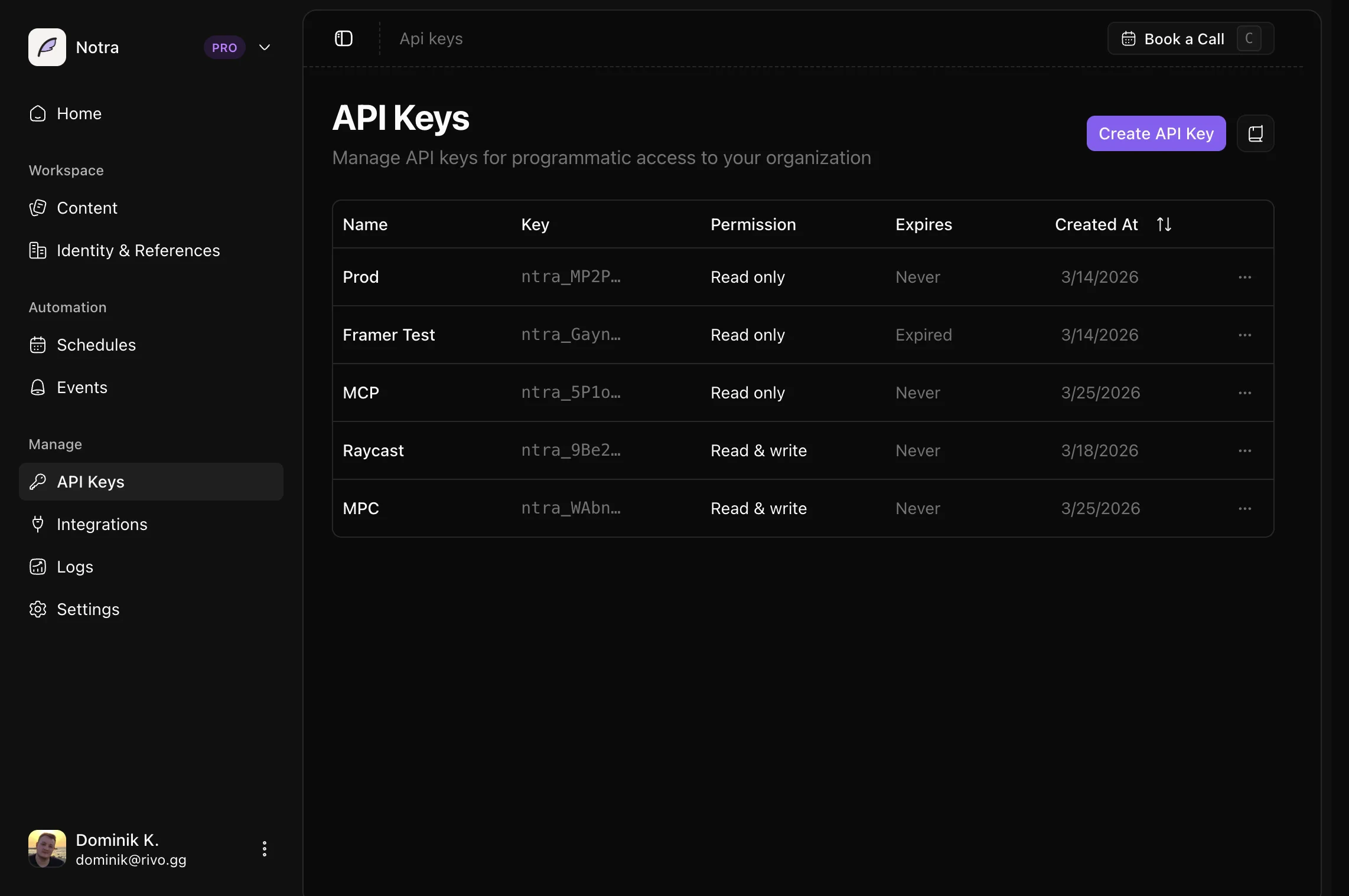 API Keys page — create a read-only key for Framer