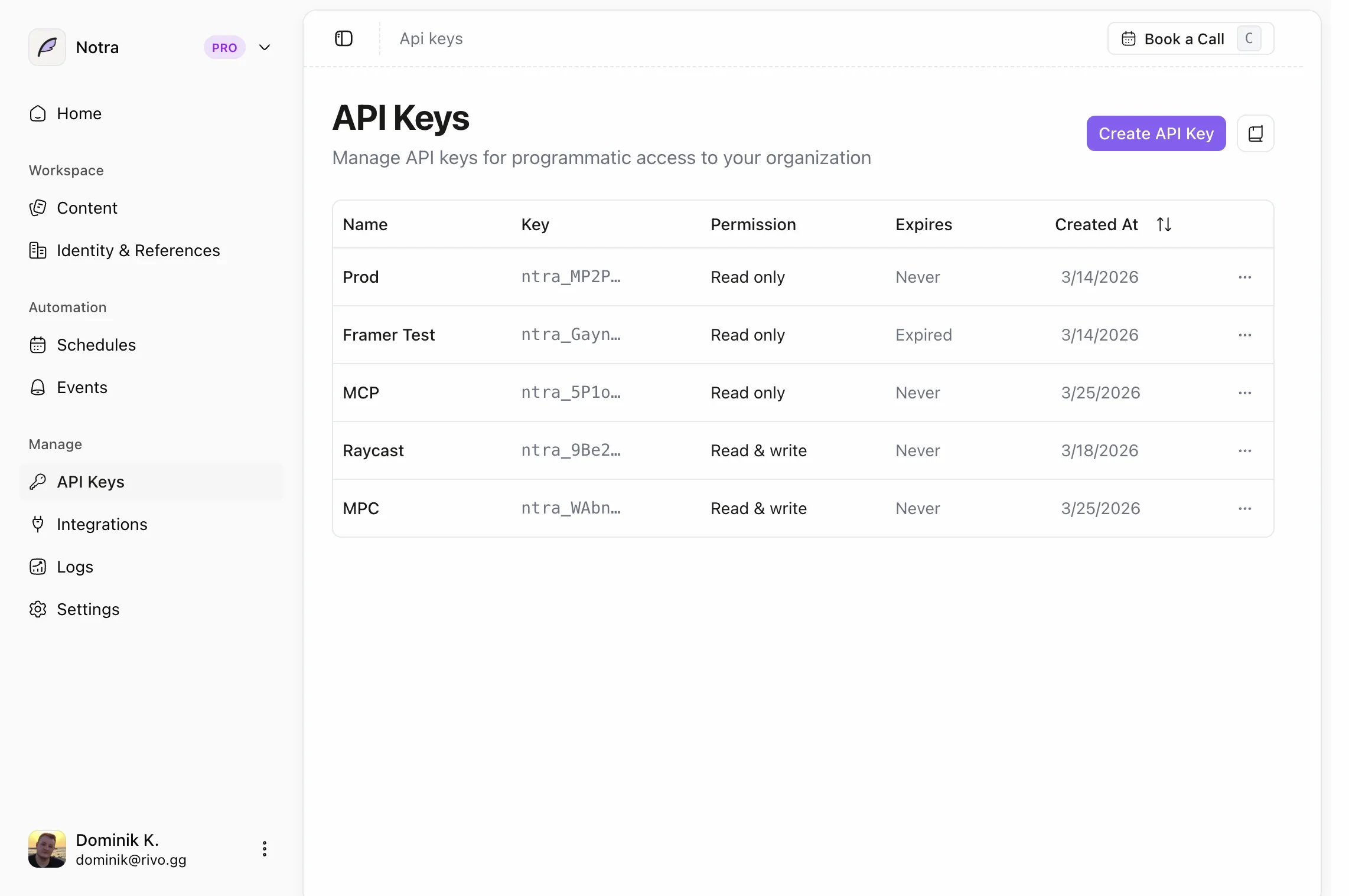 API Keys page — create a read-only key for Framer