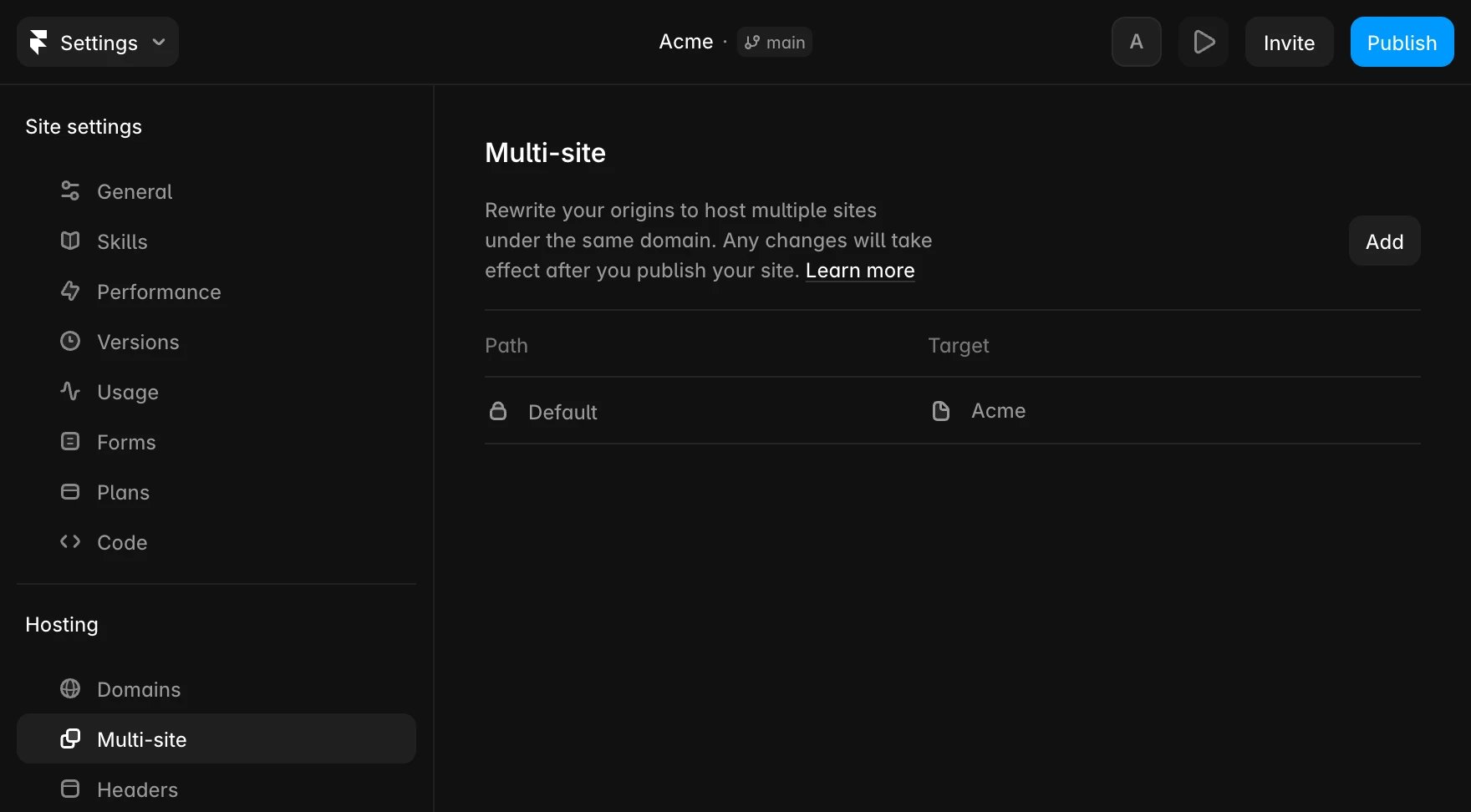 Framer's Site Settings with Hosting → Multi-site selected and only the Default row in the list