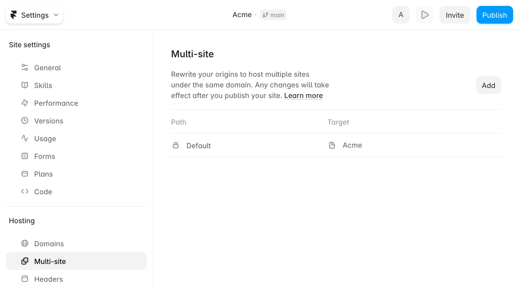 Framer's Site Settings with Hosting → Multi-site selected and only the Default row in the list