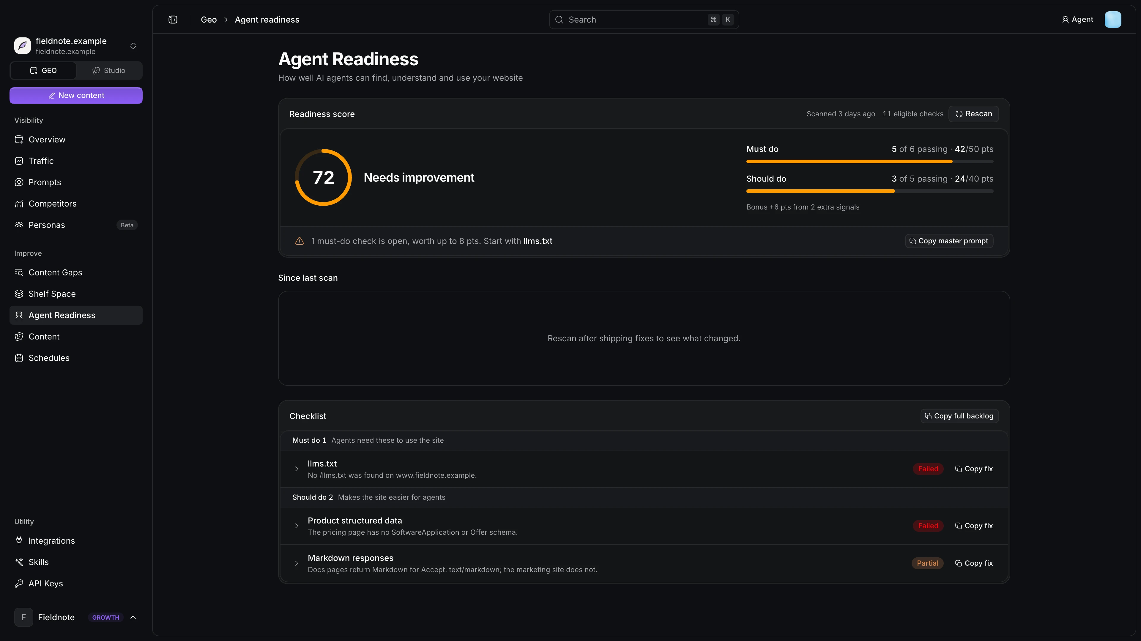Agent Readiness page with the score and checklist
