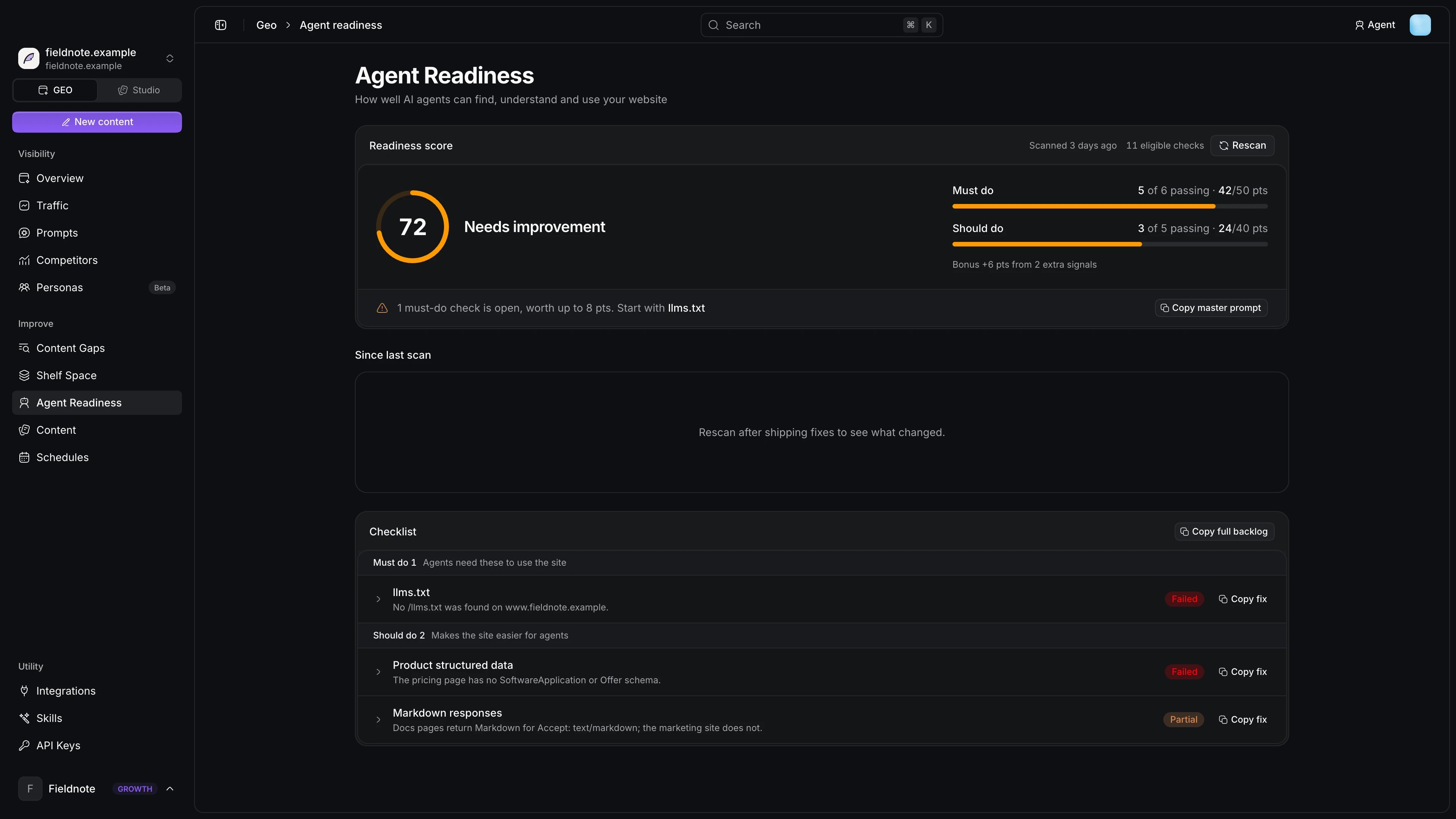 Agent Readiness page with the score and checklist