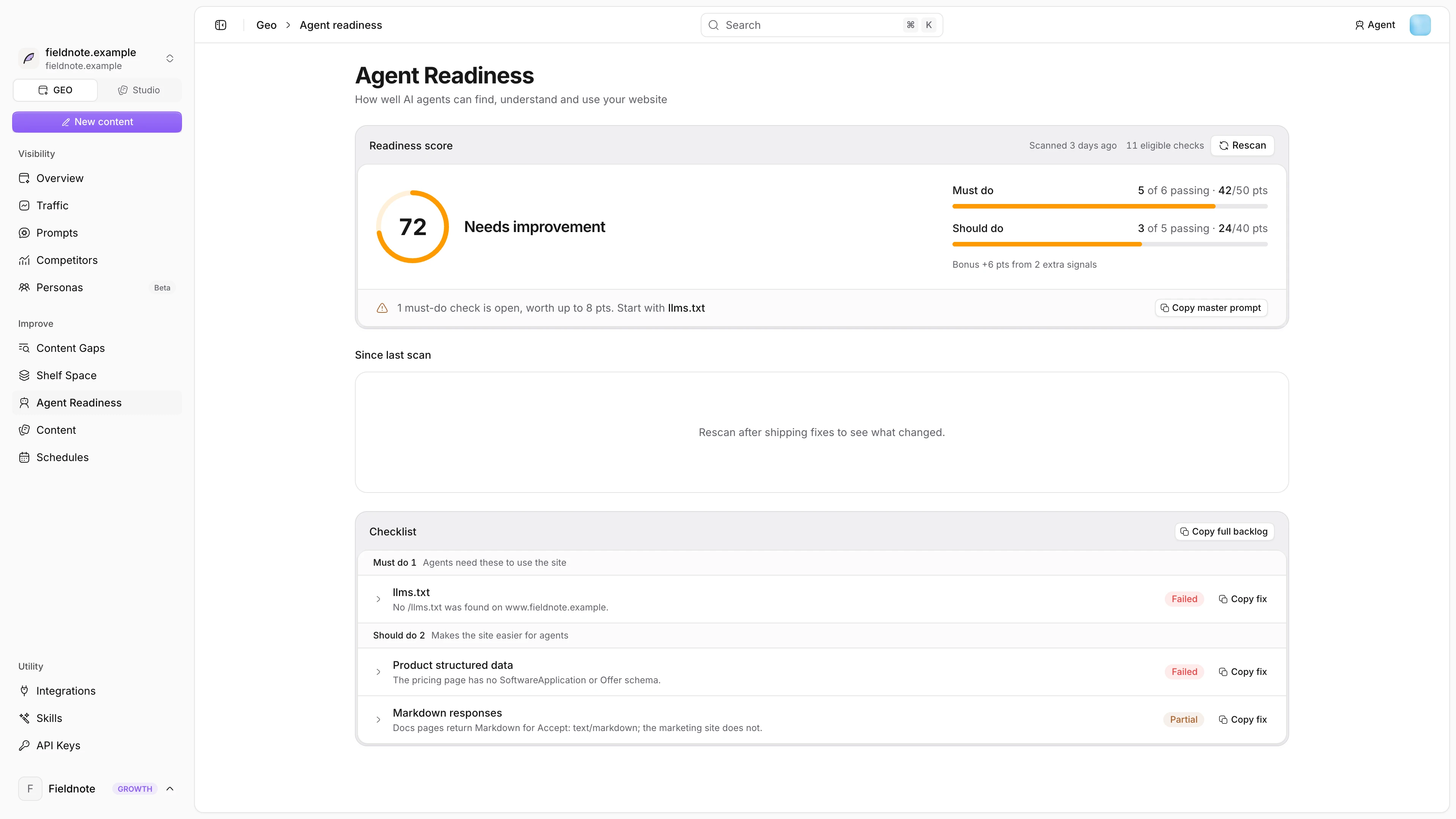 Agent Readiness page with the score and checklist