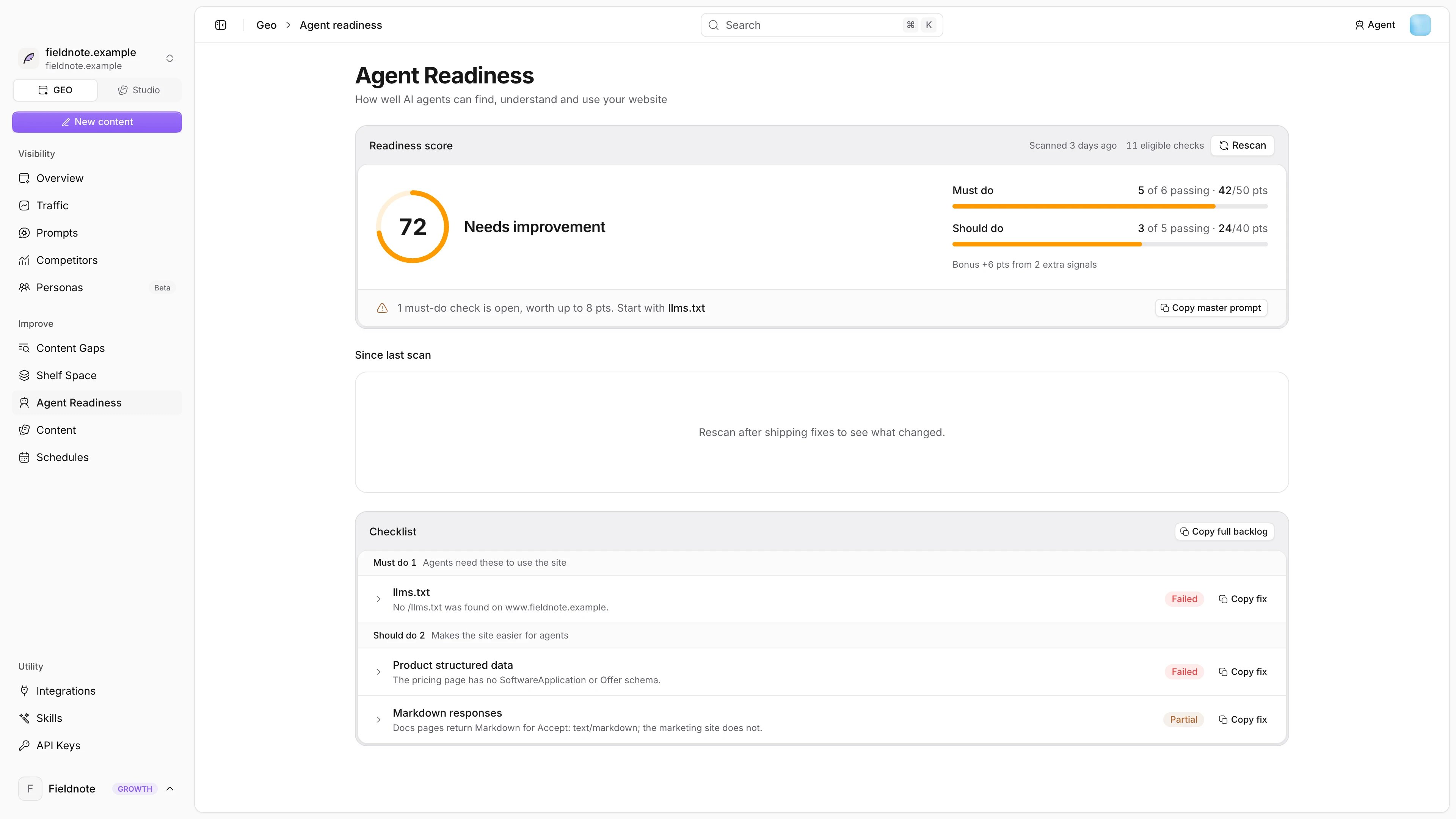 Agent Readiness page with the score and checklist