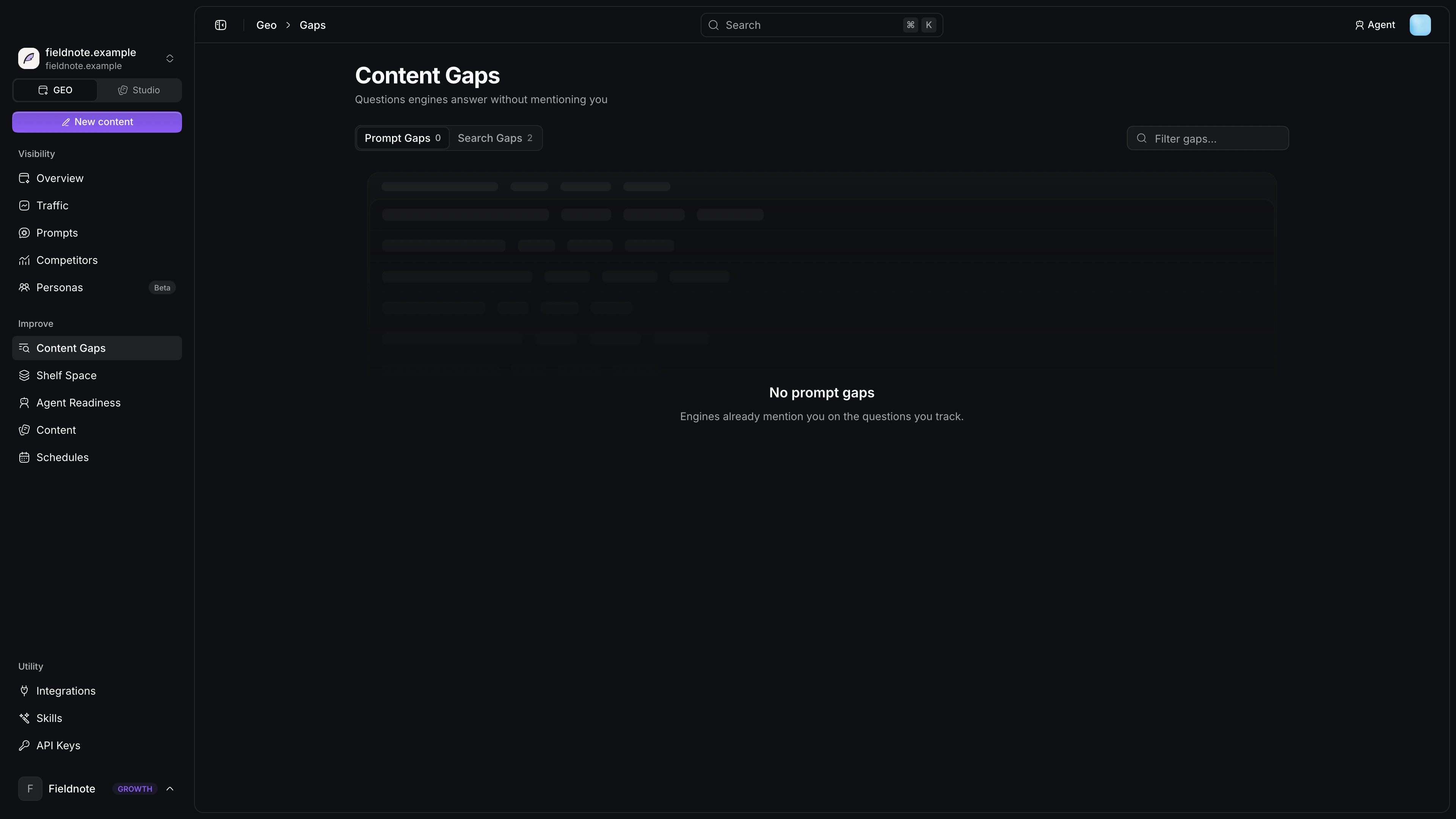 Content Gaps page listing prompt gaps by opportunity