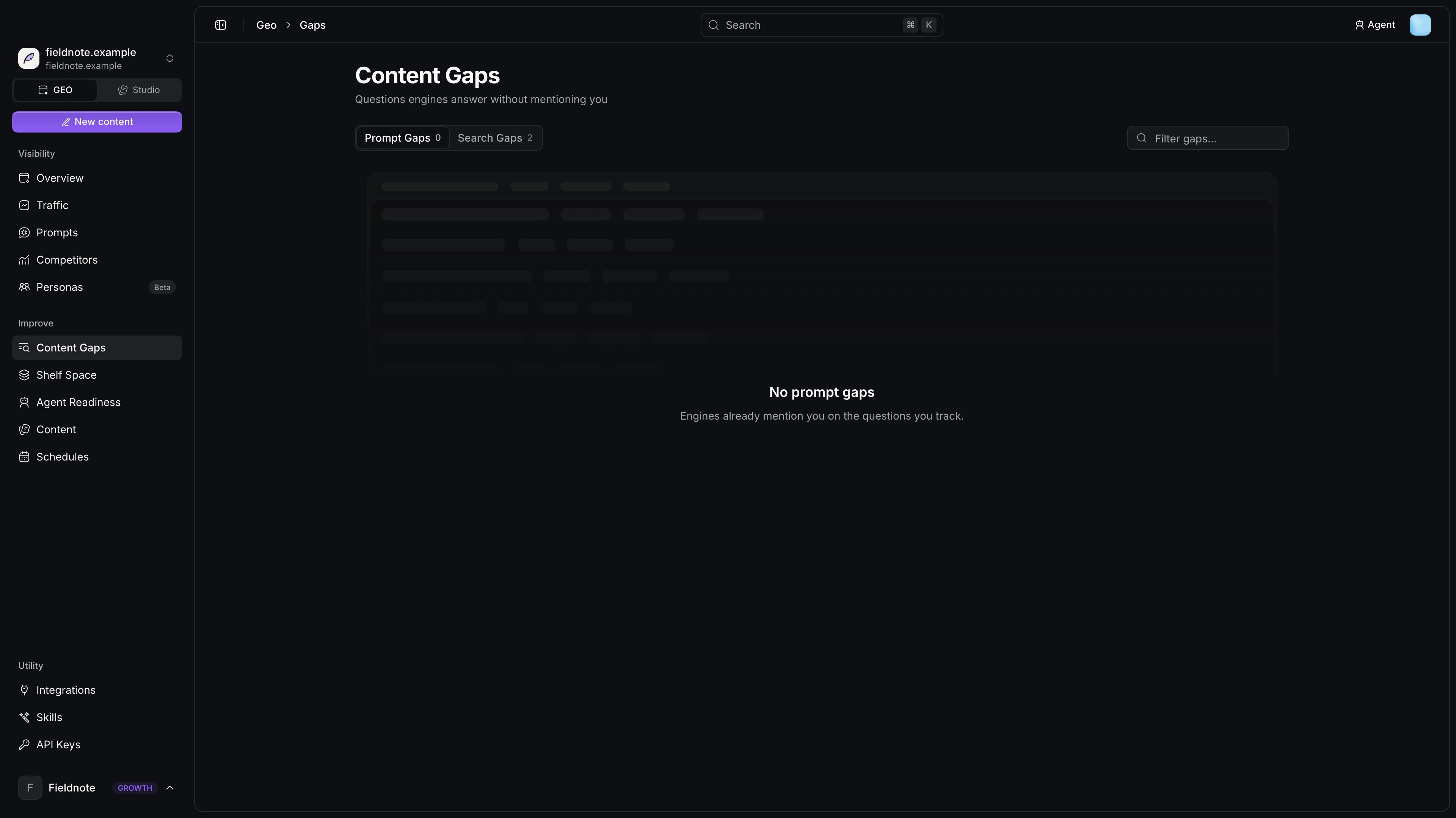 Content Gaps page listing prompt gaps by opportunity