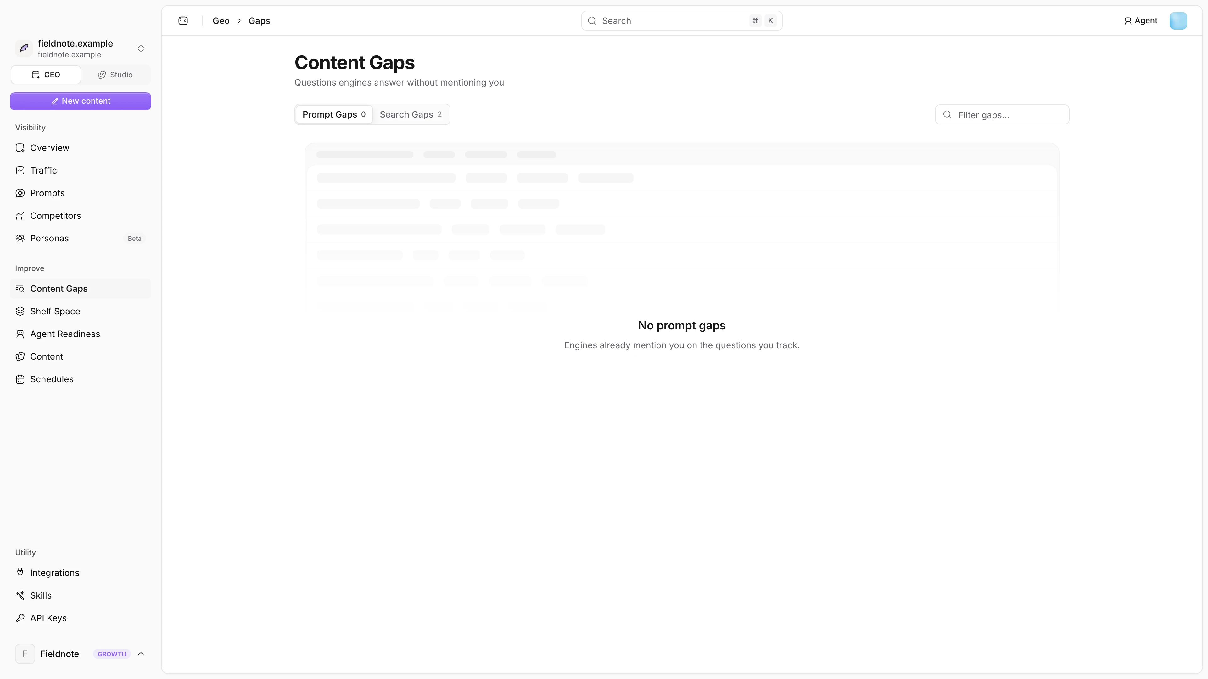 Content Gaps page listing prompt gaps by opportunity