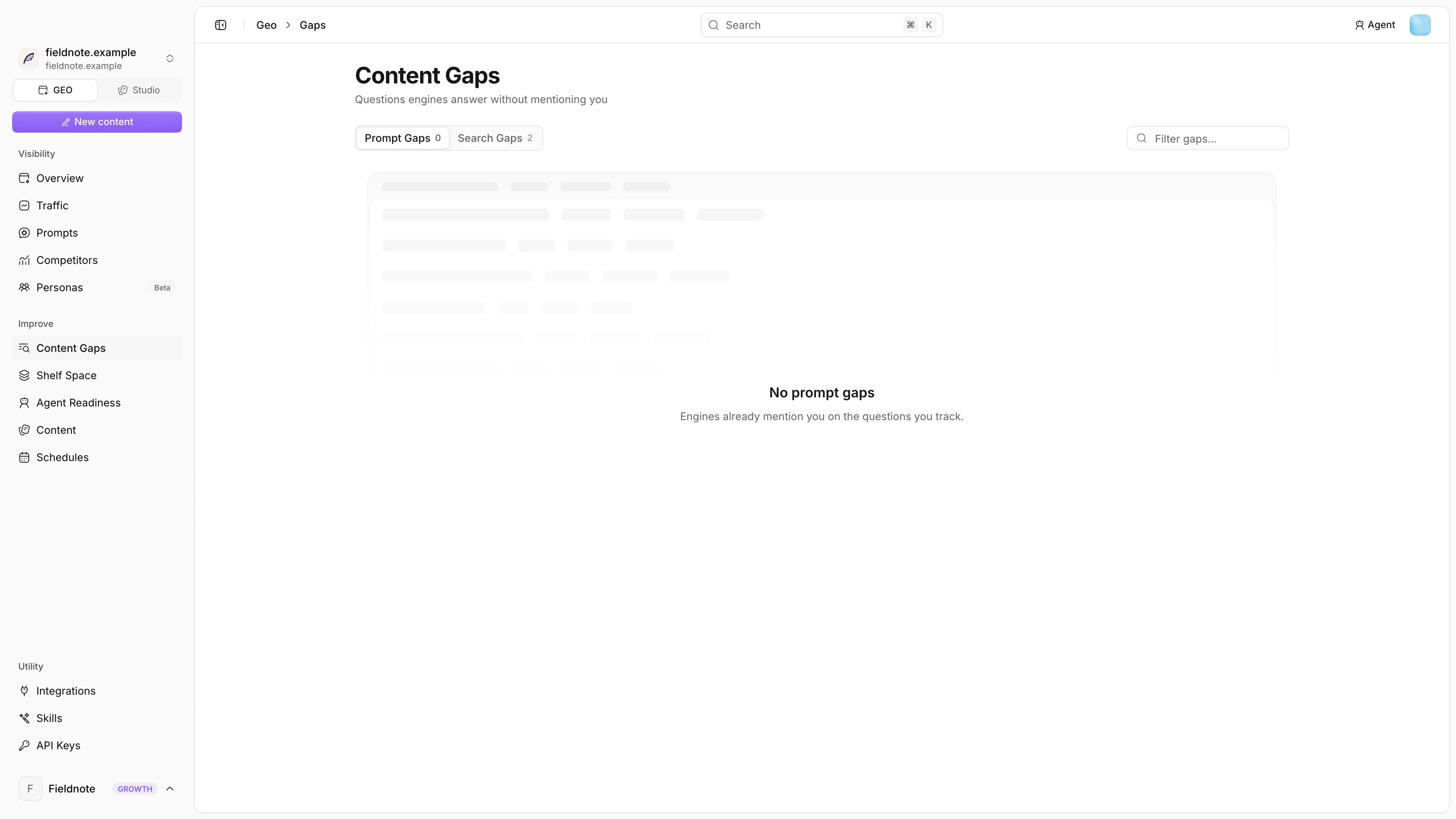 Content Gaps page listing prompt gaps by opportunity
