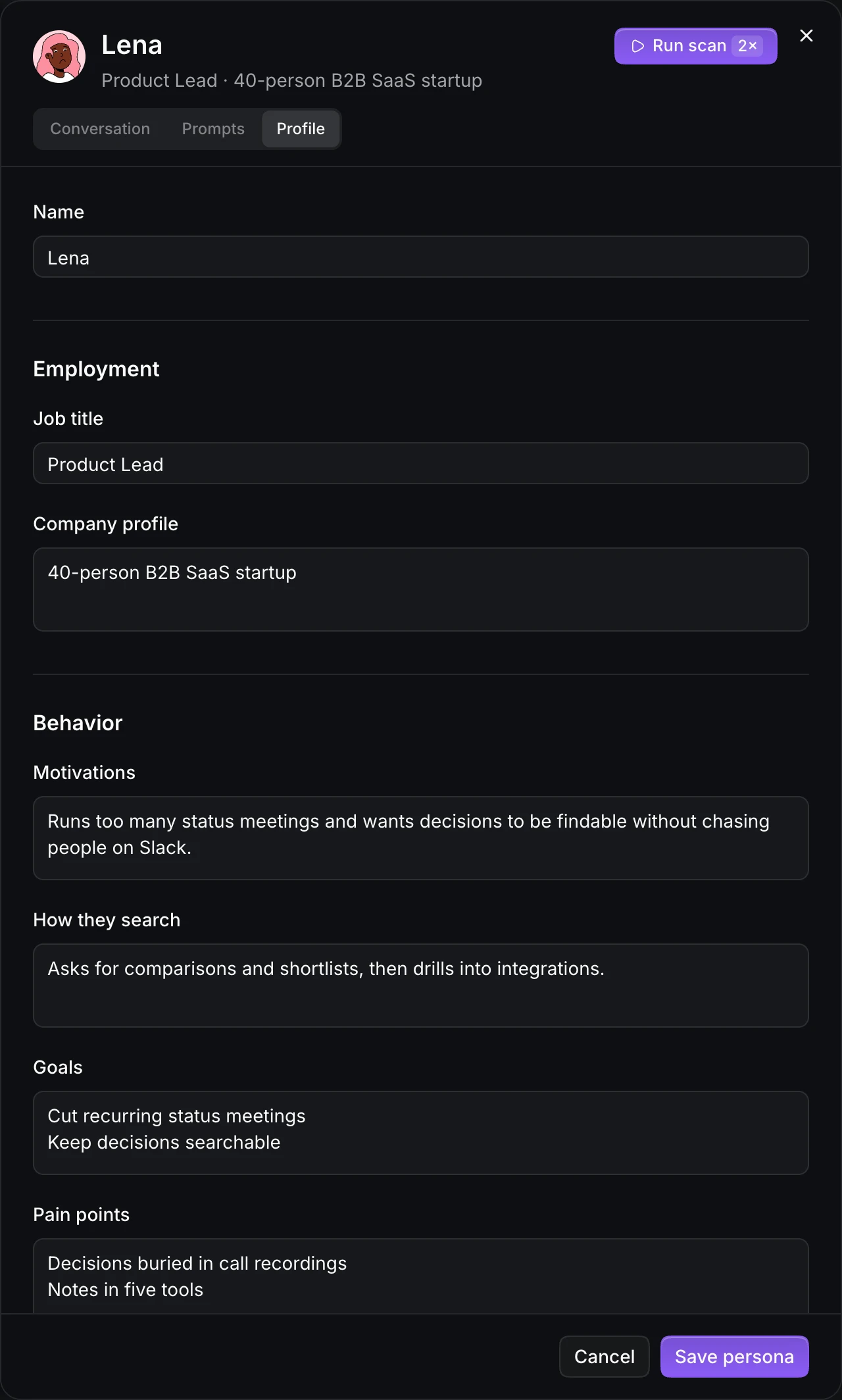 A persona opened on its Profile tab