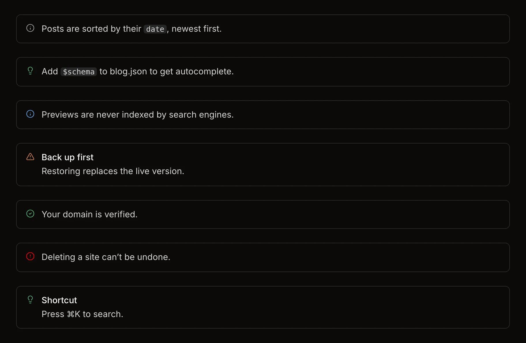 Note, Tip, Info, Warning, Check, Danger and Callout on a Notra site