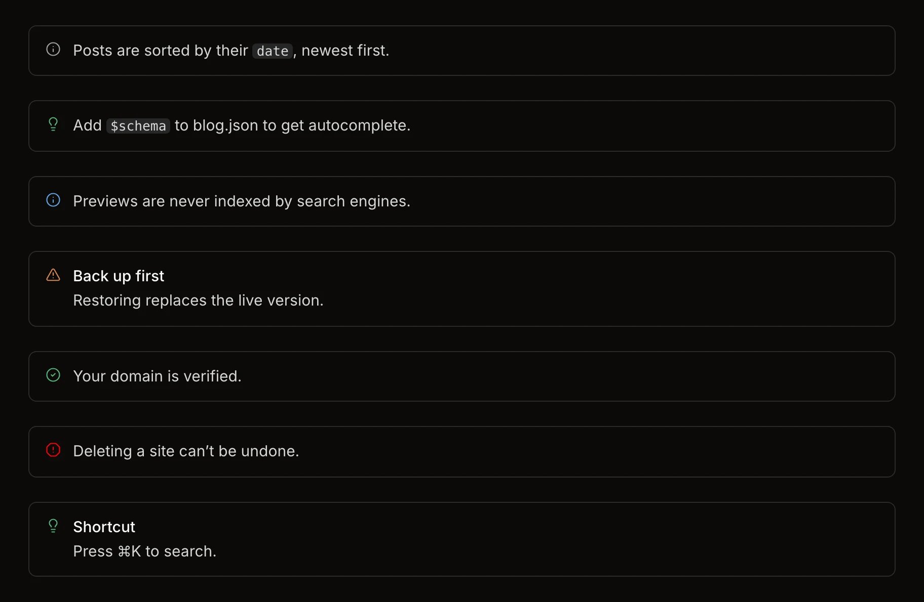 Note, Tip, Info, Warning, Check, Danger and Callout on a Notra site