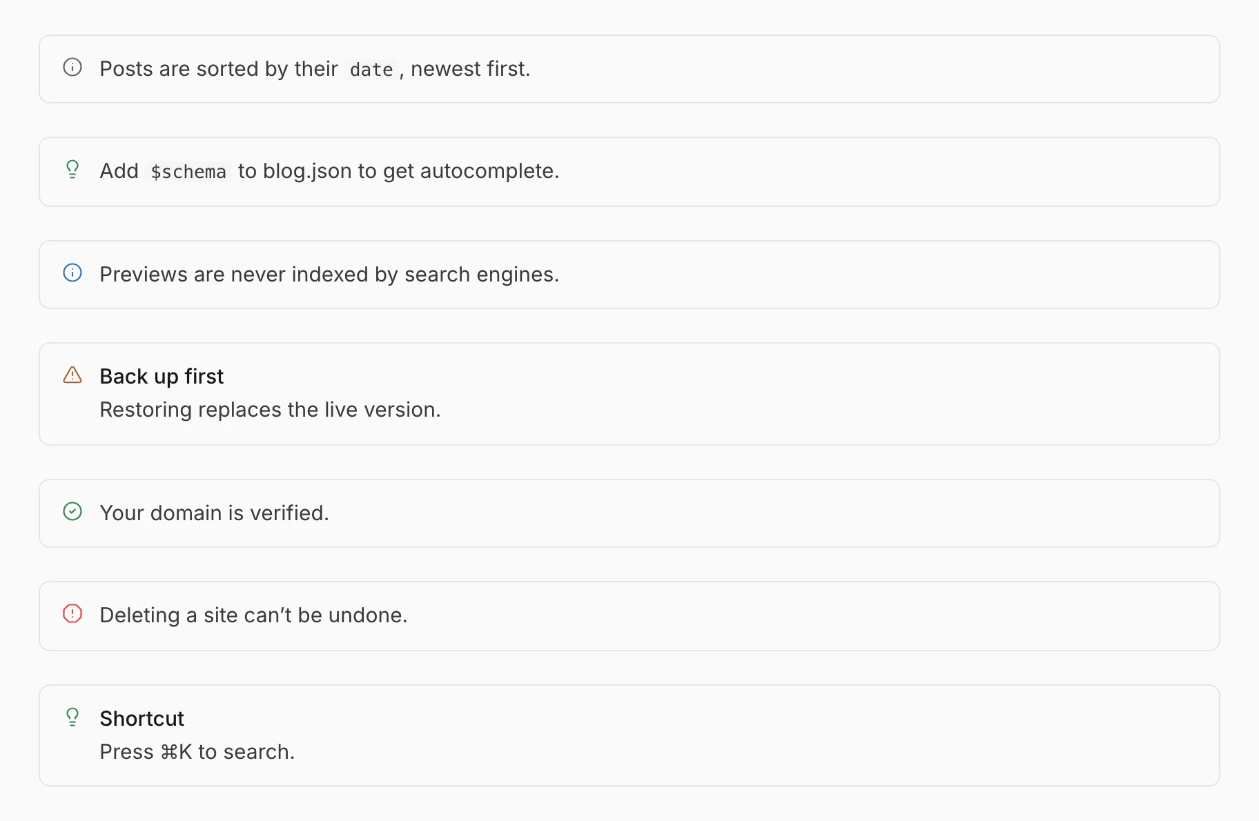 Note, Tip, Info, Warning, Check, Danger and Callout on a Notra site