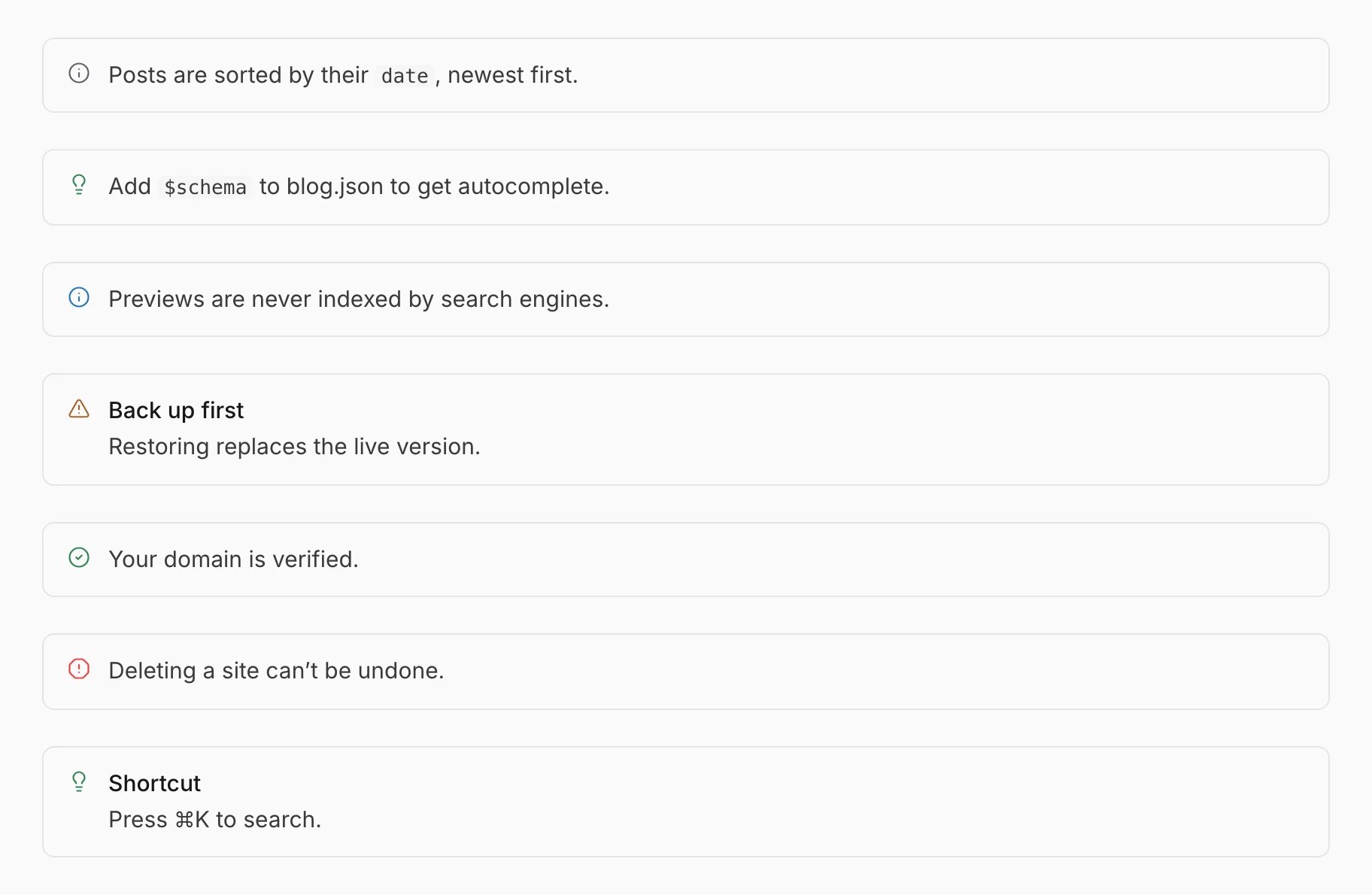 Note, Tip, Info, Warning, Check, Danger and Callout on a Notra site