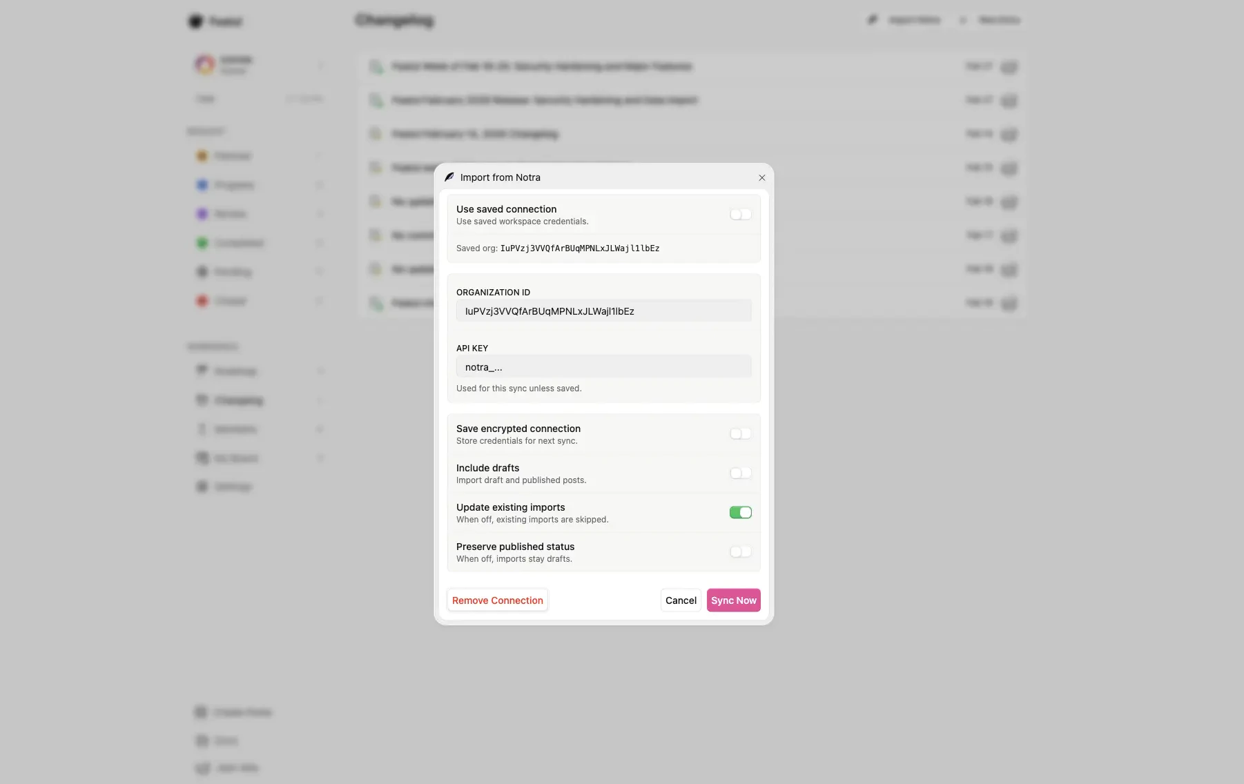 Featul Import from Notra dialog