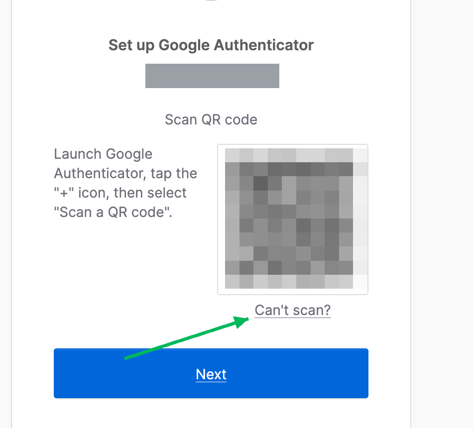 Okta Google Authenticator enrollment screen with the Can't scan link marked
