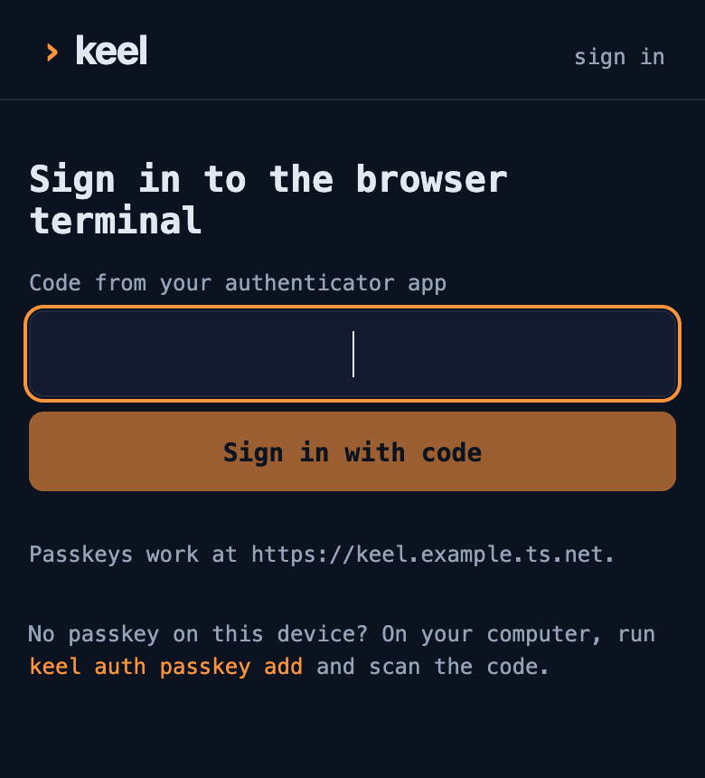 A code box with a Sign in with code button, and a note saying passkeys work at the public address