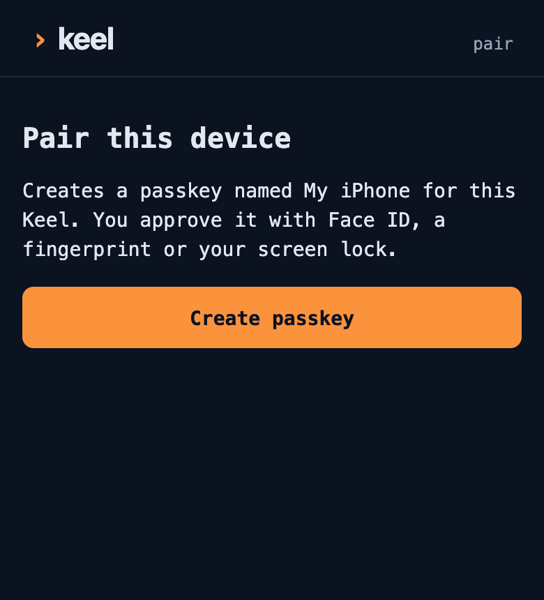 Pair this device: Creates a passkey named My iPhone for this Keel, with a Create passkey button