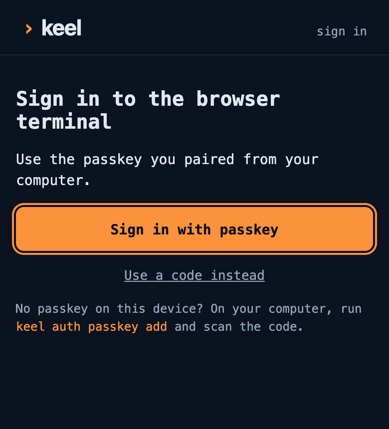 Sign in to the browser terminal, with a Sign in with passkey button and a Use a code instead link