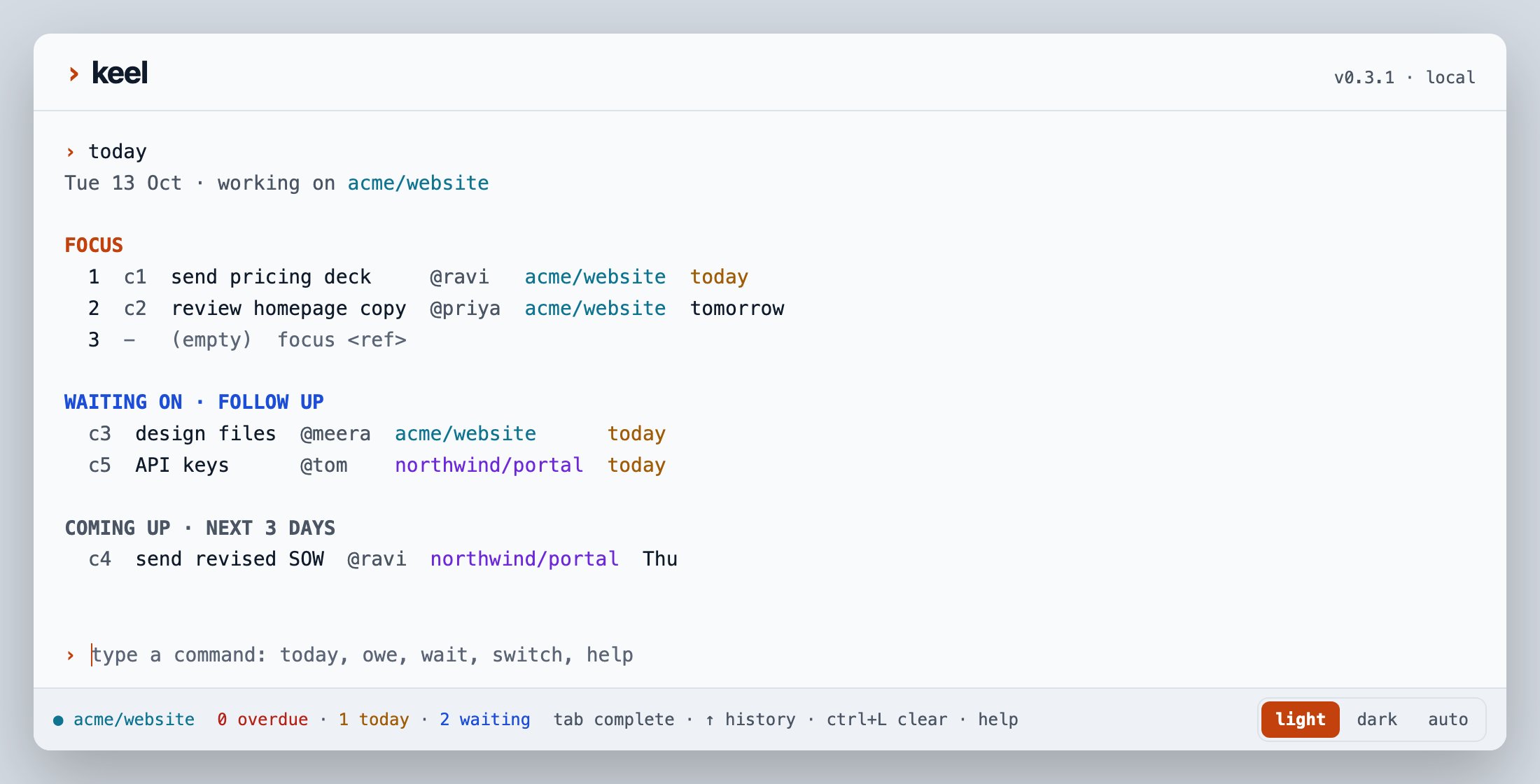 keel serve in the browser, showing today: focus, waiting-on follow-ups and what's coming up