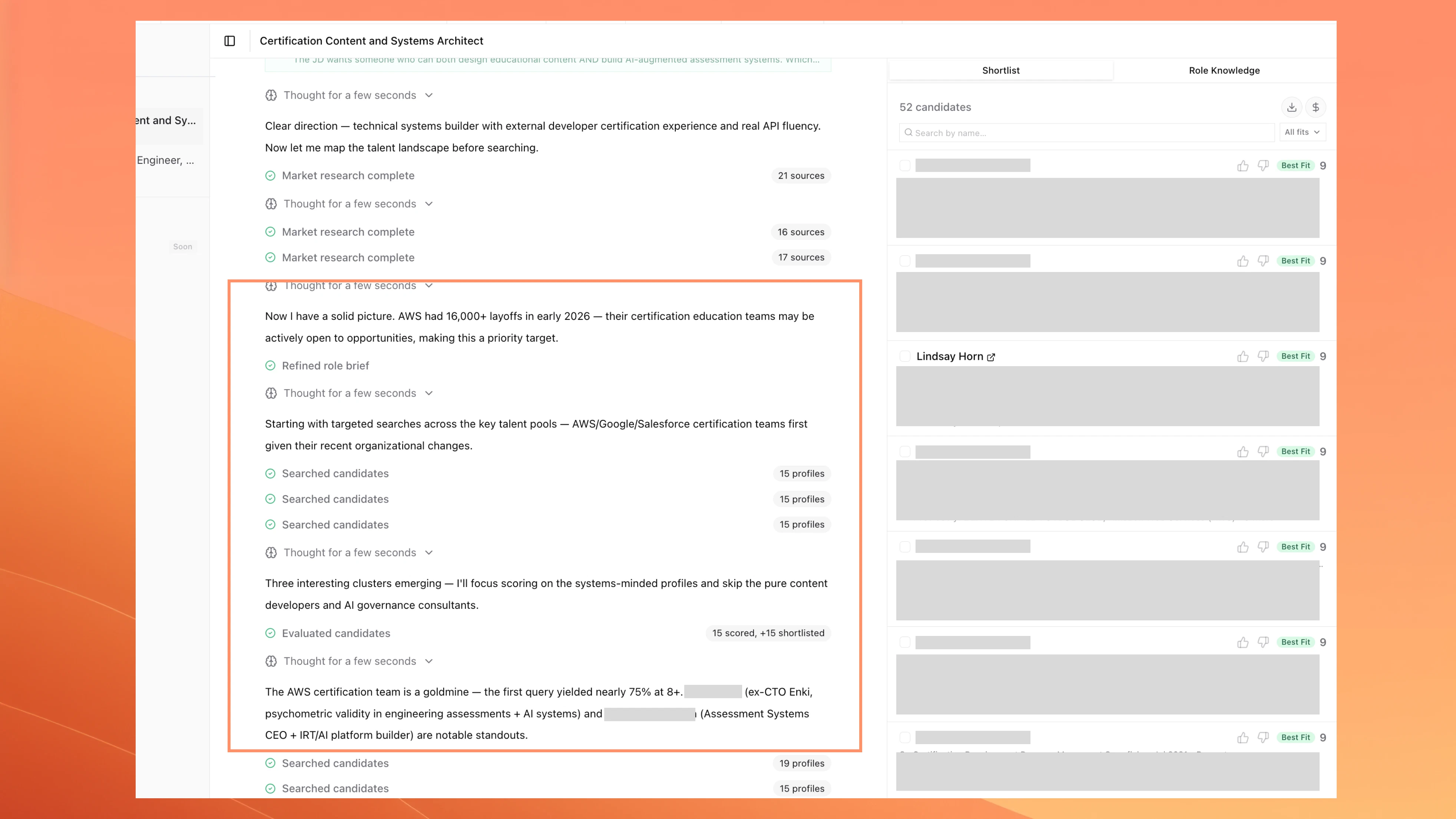 Talent search session showing completed market research phases for company mapping, market signals, and receptivity