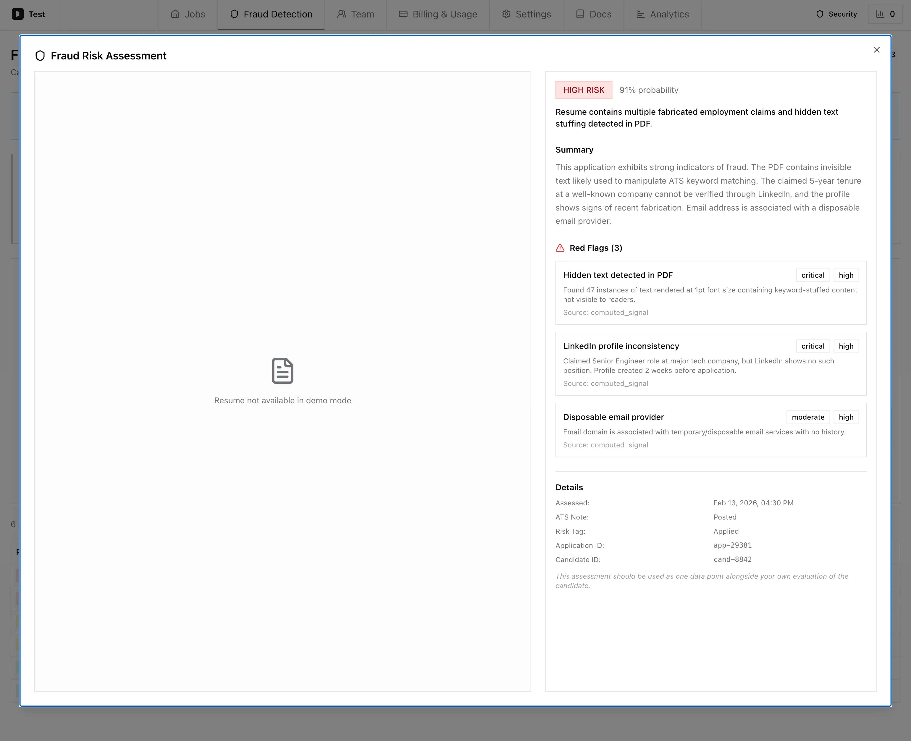 Fraud Risk Assessment dialog showing high risk verdict, summary, three red flags with severity badges, and assessment details