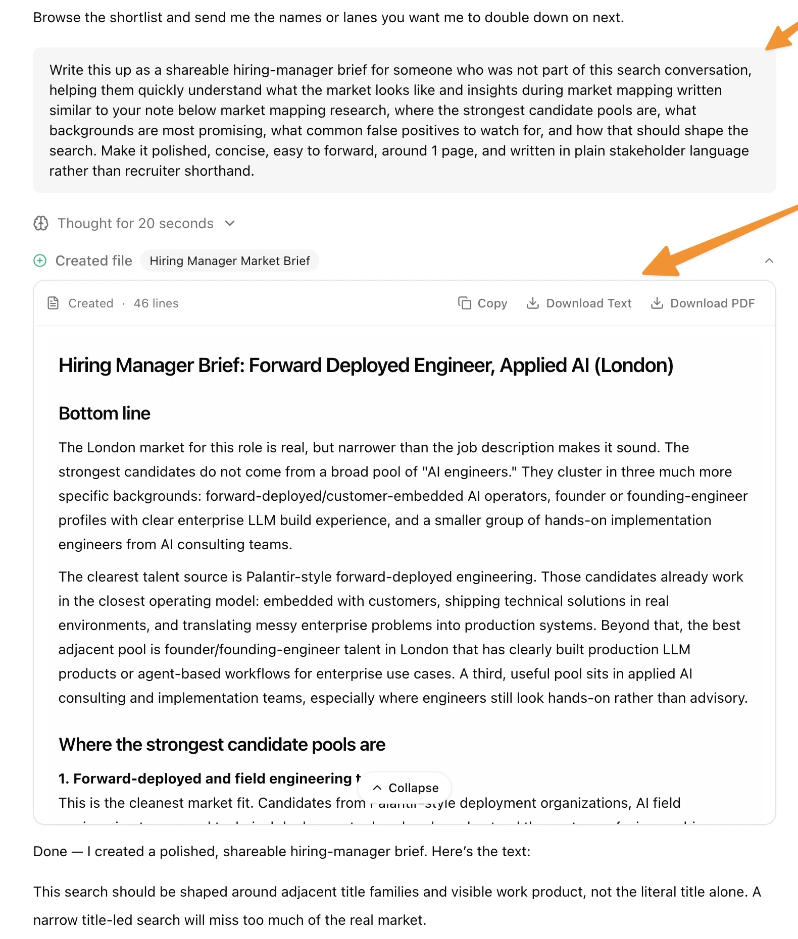 Talent search conversation showing an inline created file card with a hiring manager brief preview inside the chat