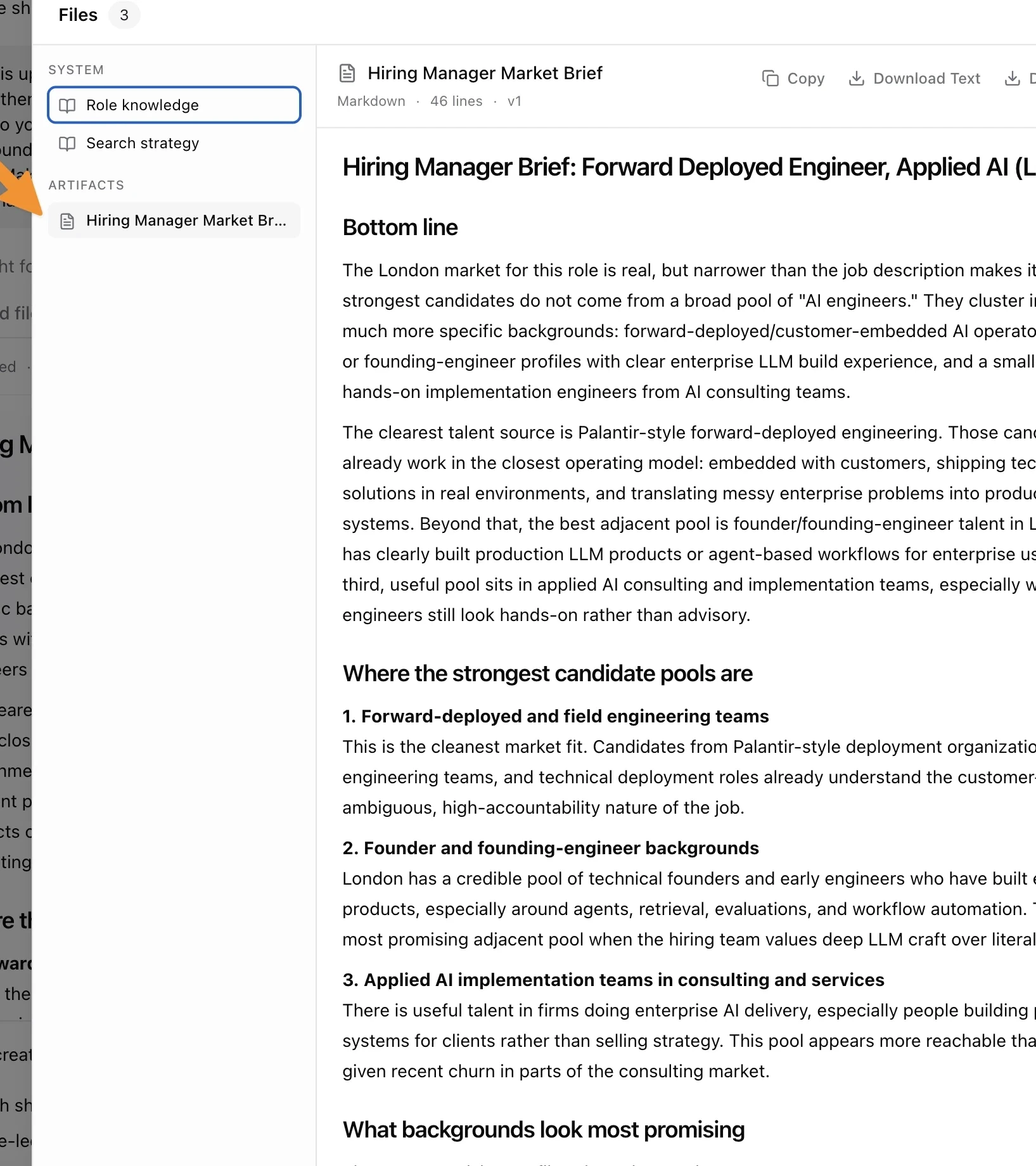 Talent search Files dialog showing Role knowledge and Search strategy on the left and the current Role knowledge document open on the right