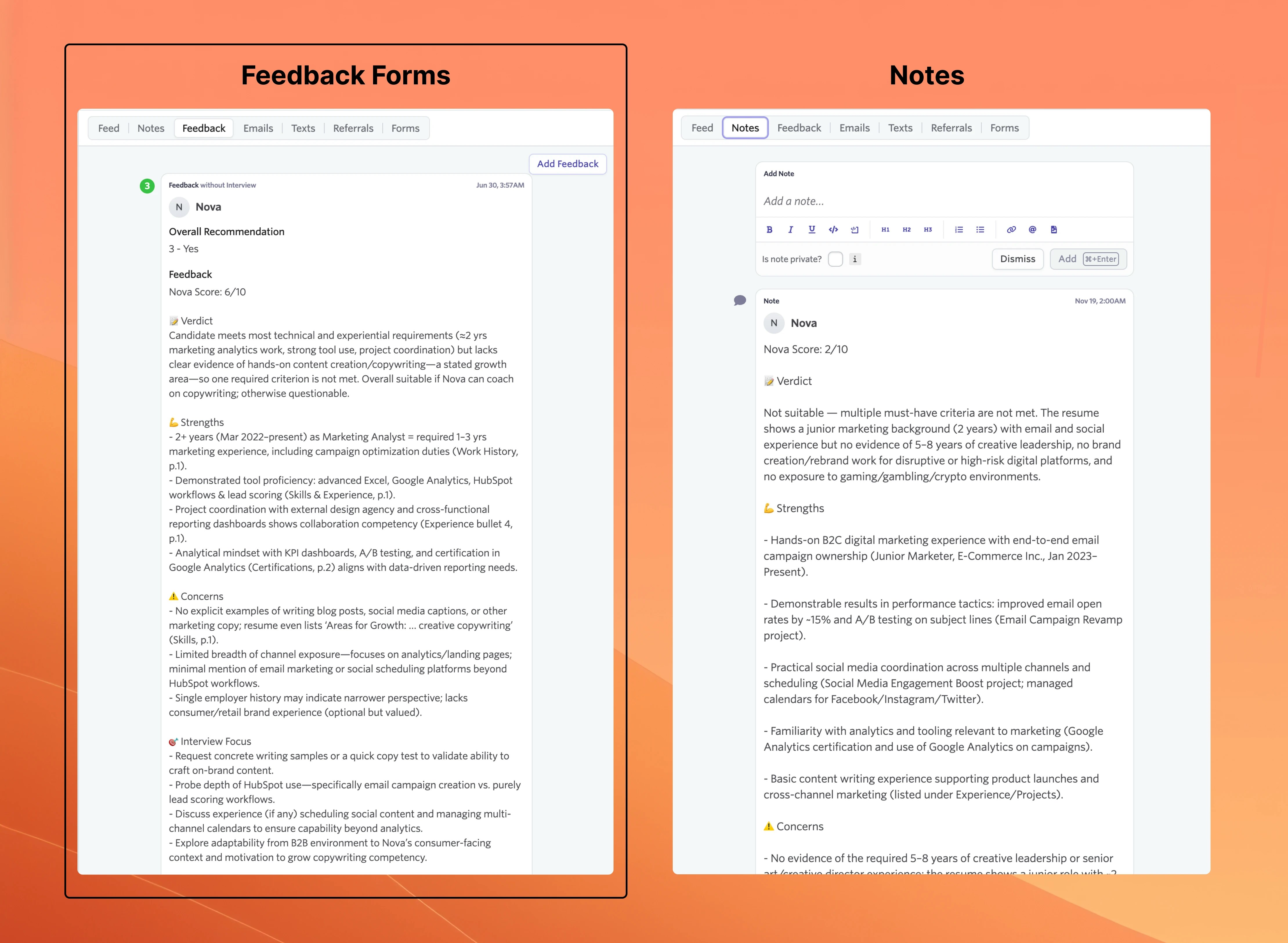 Nova assessment displayed as a feedback form in Ashby