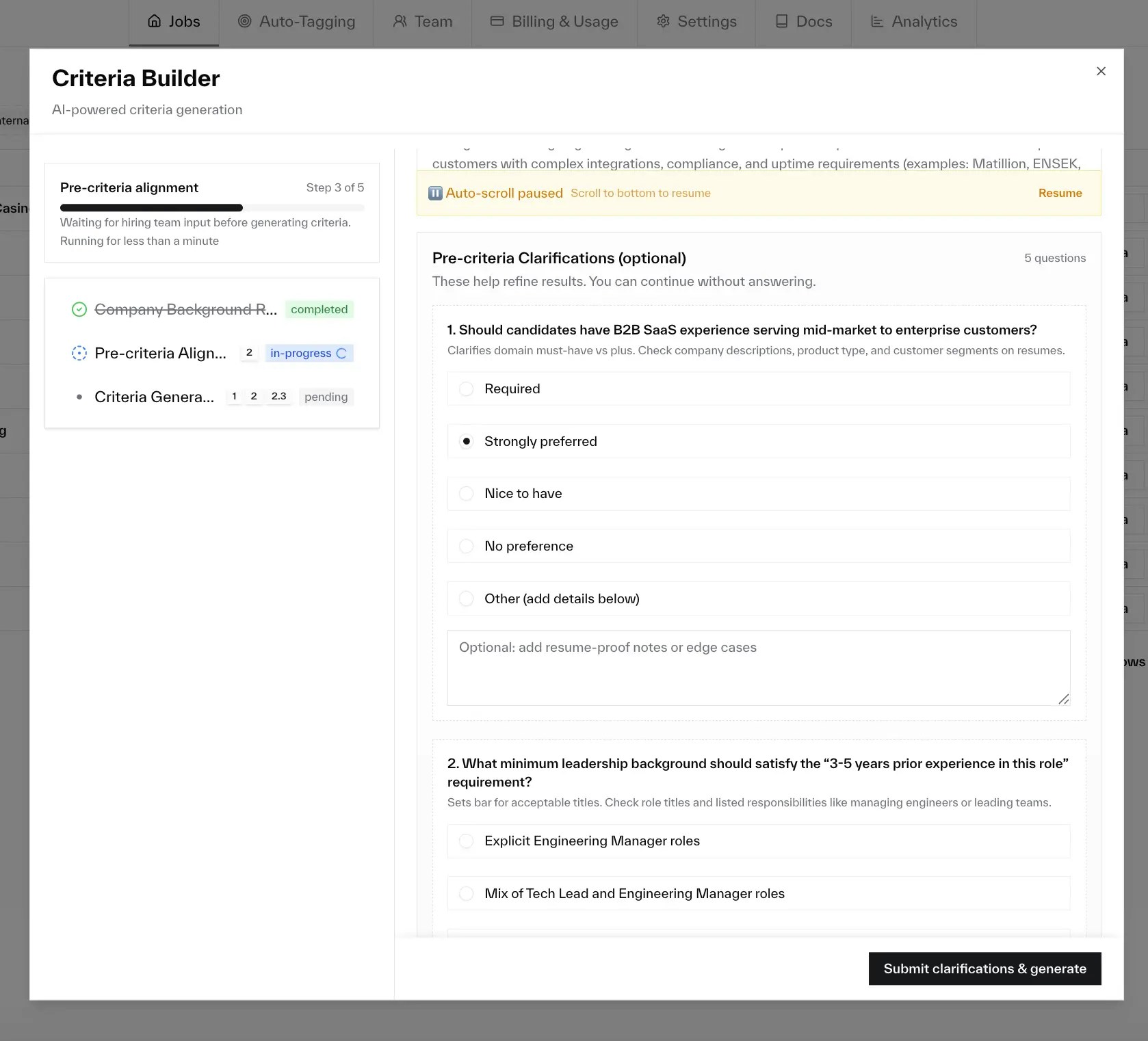 Criteria builder clarification questions