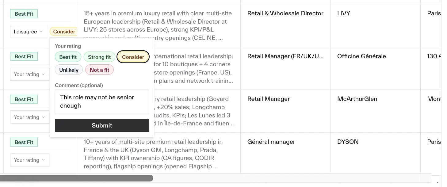 Talent pool search feedback interface