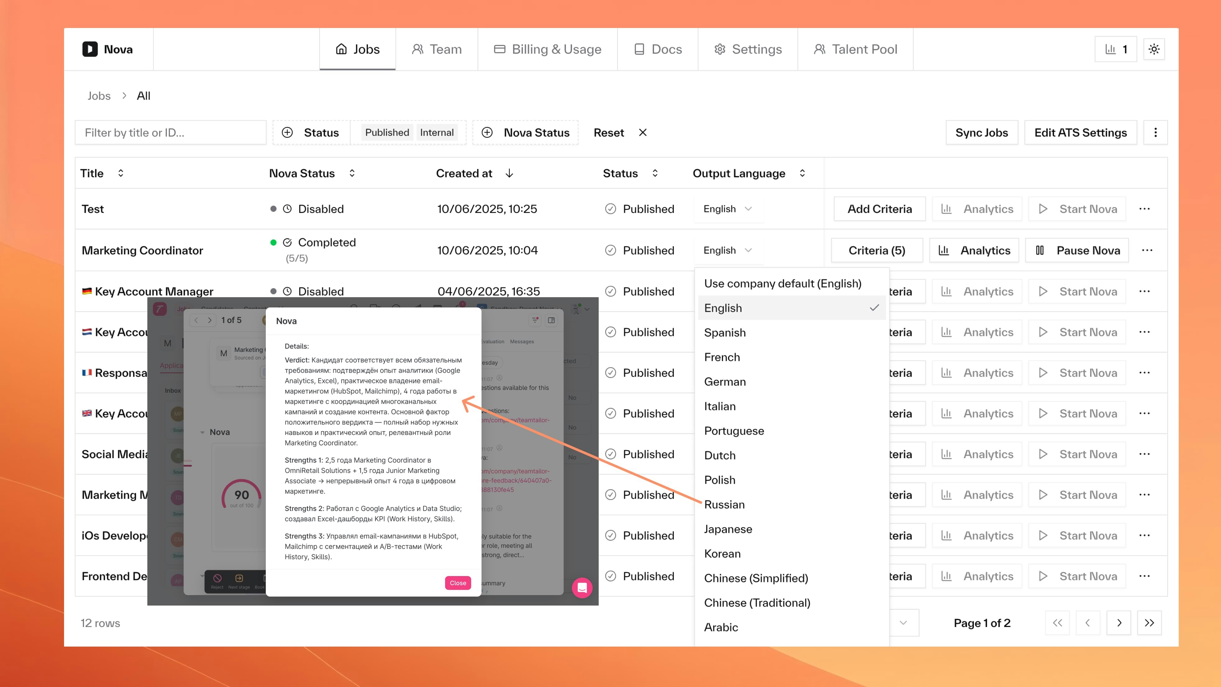 Jobs table with language dropdown editing