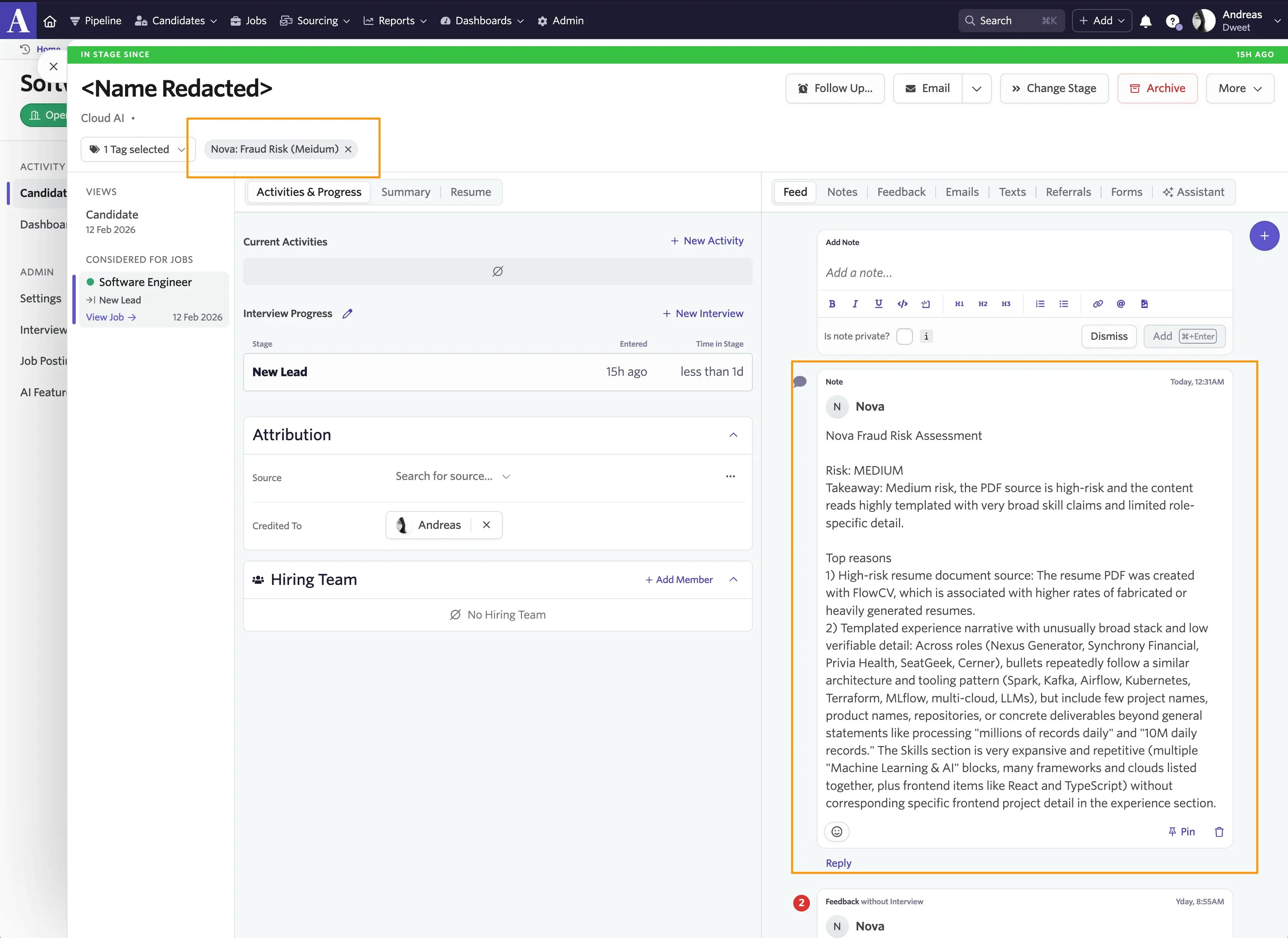 Fraud detection note displayed on a candidate profile in Ashby