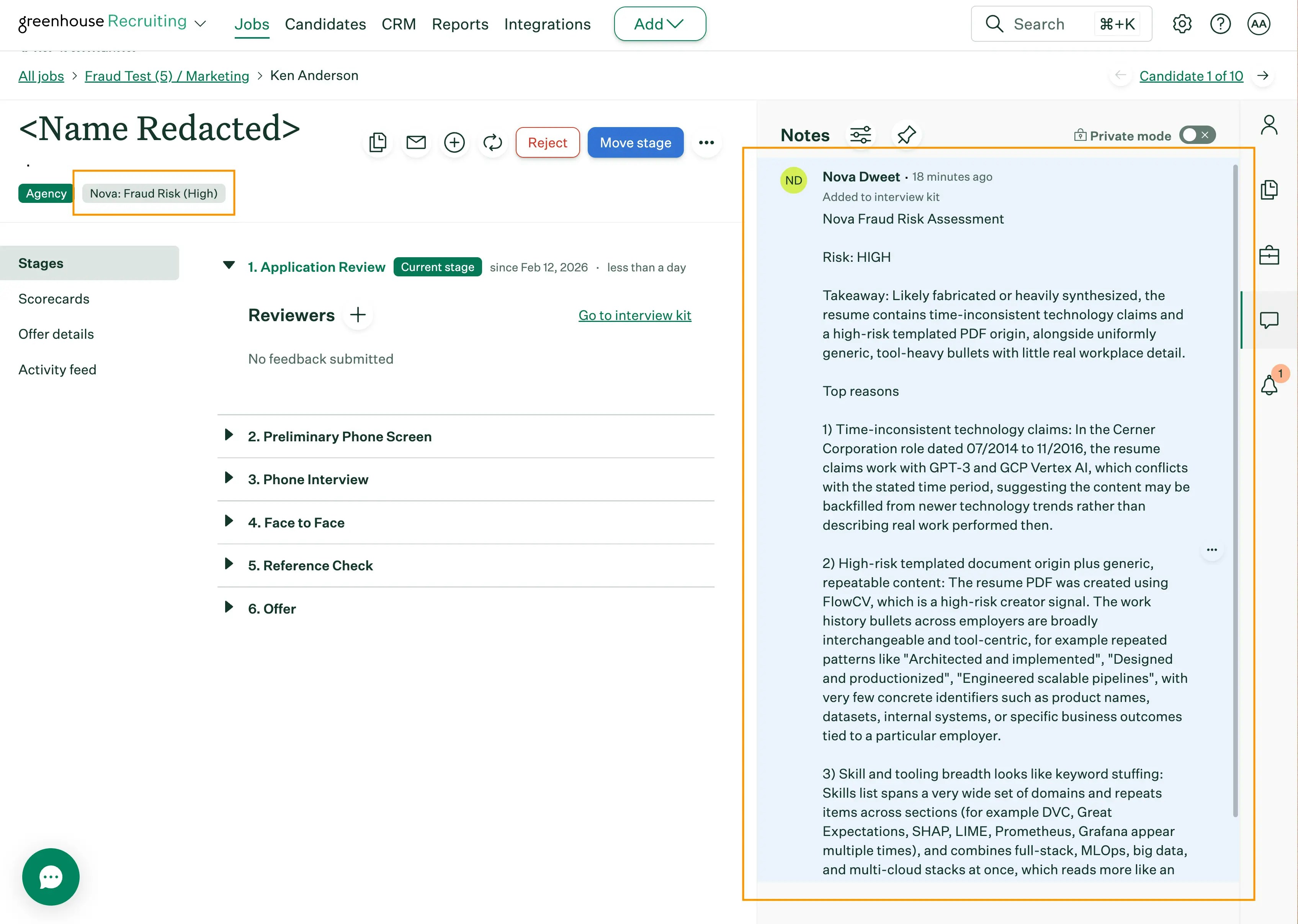 Fraud risk note in Greenhouse
