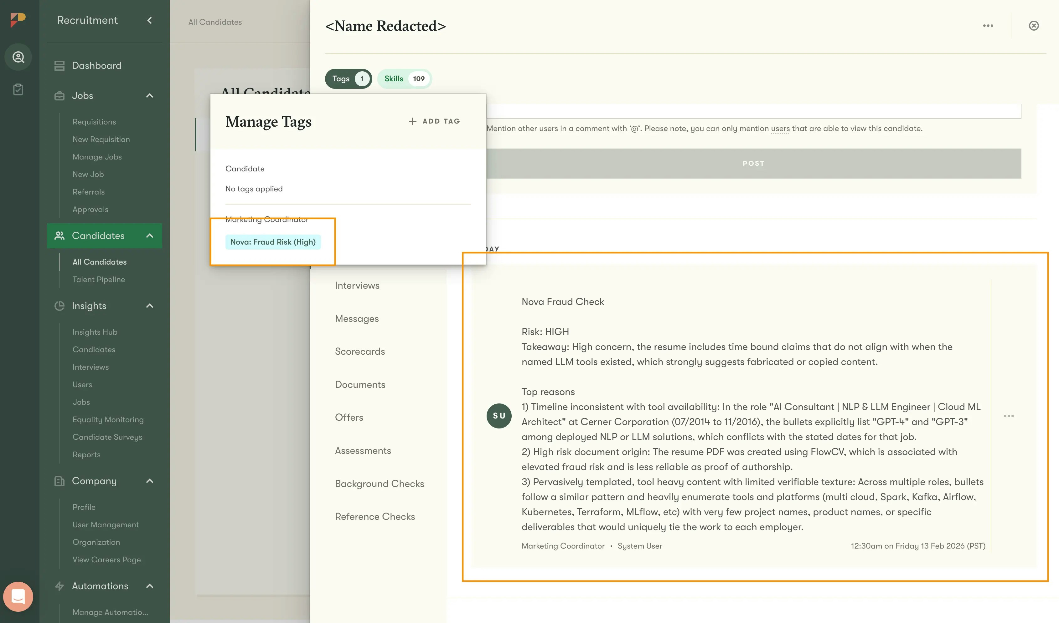 Fraud detection note displayed on a candidate profile in Pinpoint