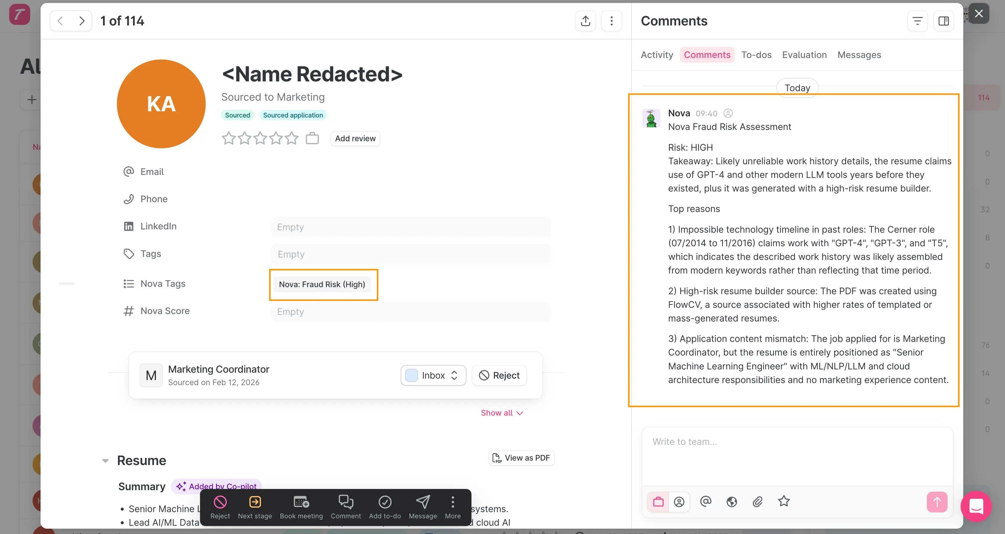 Fraud detection note displayed on a candidate profile in Teamtailor