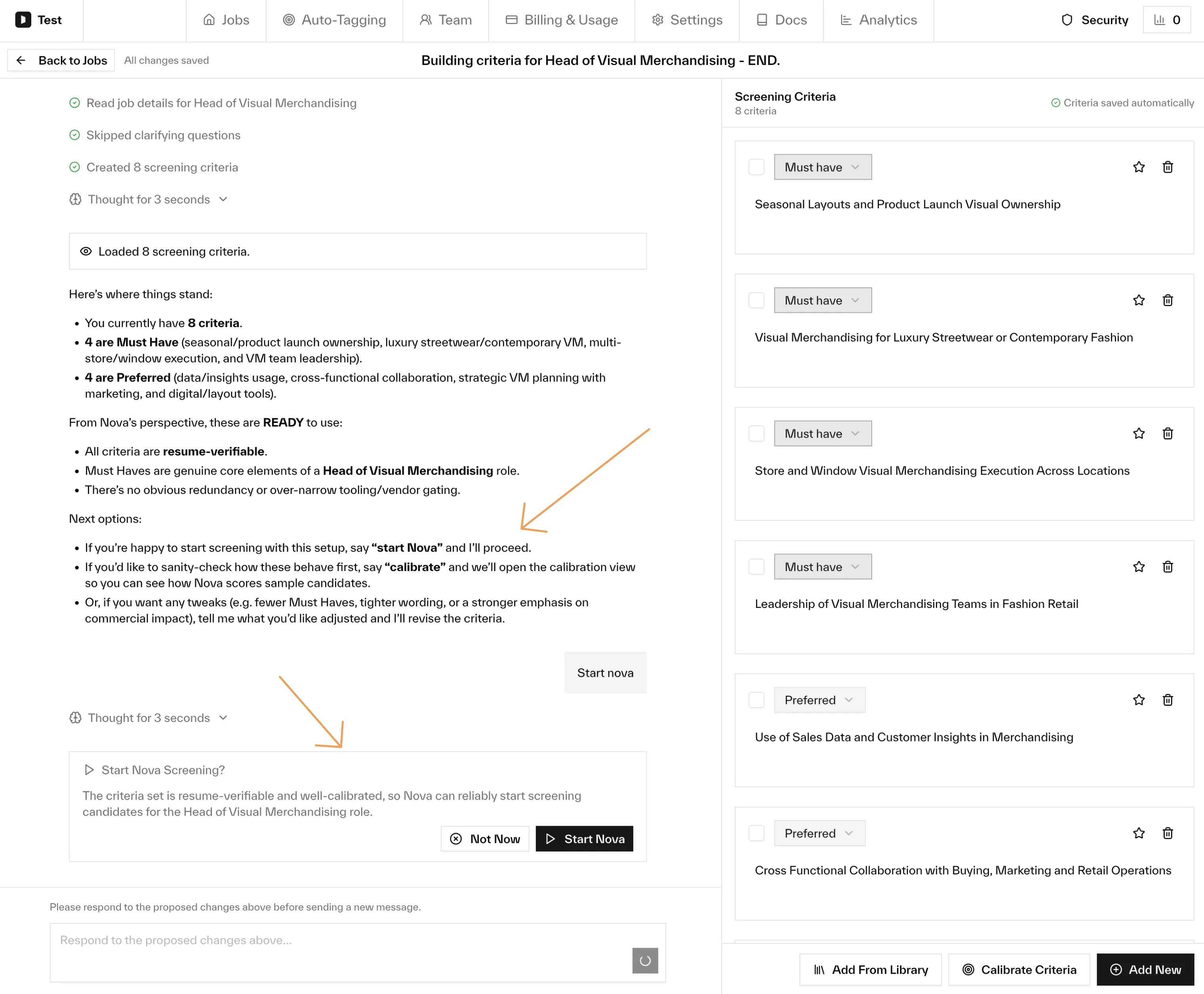 Criteria builder showing options to start Nova screening or open calibration