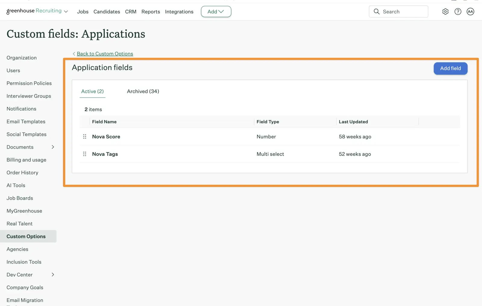 Nova Score and Nova Tags application fields in Greenhouse custom options