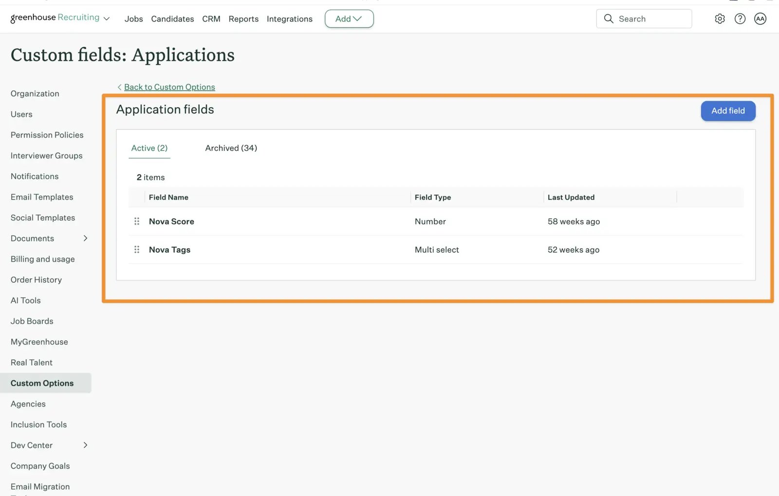 Nova Score and Nova Tags application fields in Greenhouse custom options