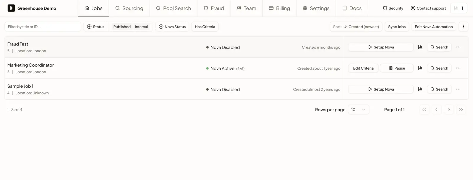 Nova job list showing screening active on a Greenhouse job