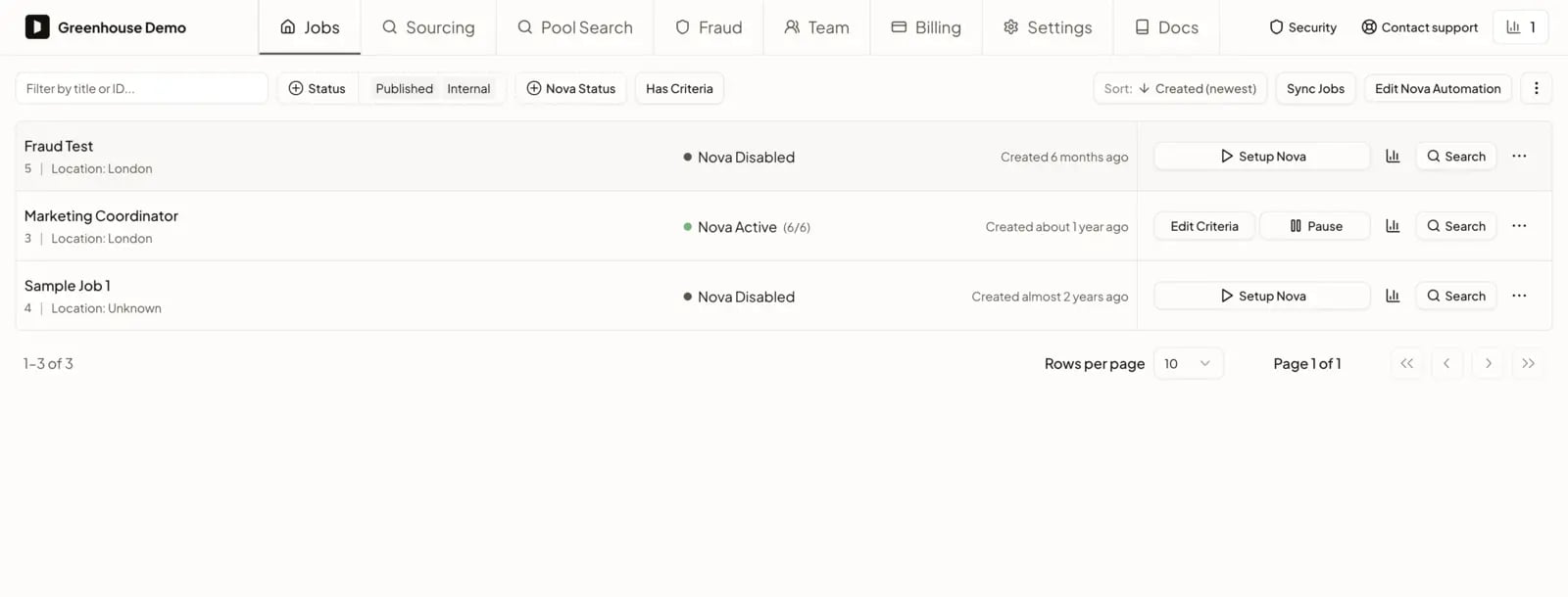 Nova job list showing screening active on a Greenhouse job