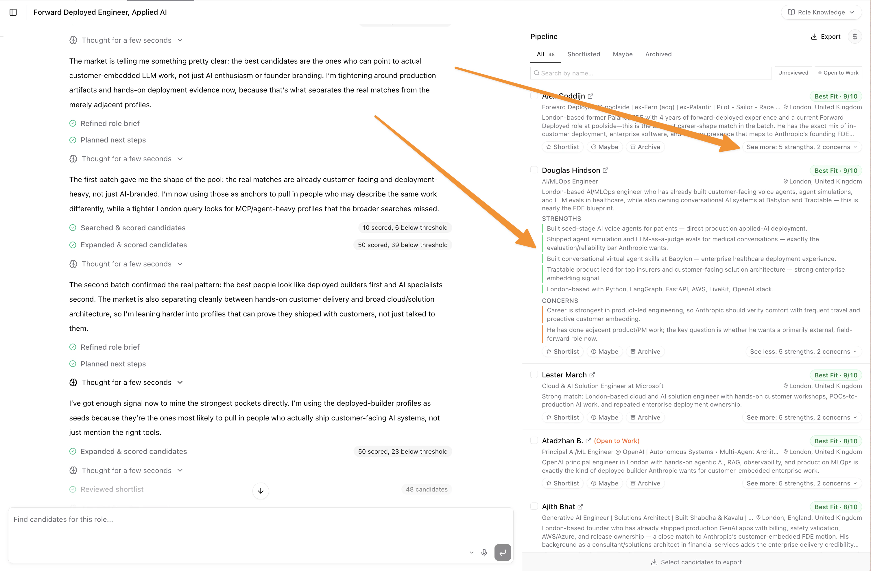 Talent search session showing the pipeline sidebar with an expanded candidate card and inline strengths and concerns analysis