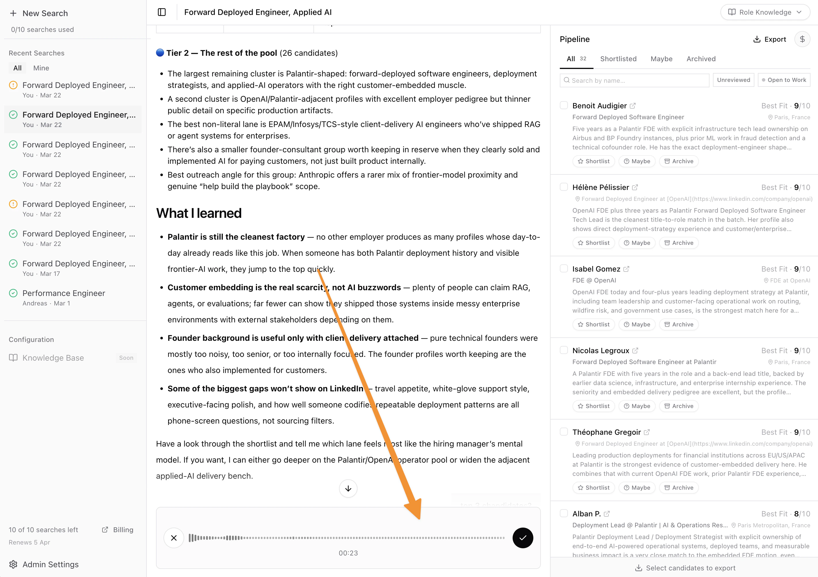 Voice input recording in the talent search conversation, showing a waveform visualizer and timer at the bottom of the chat input