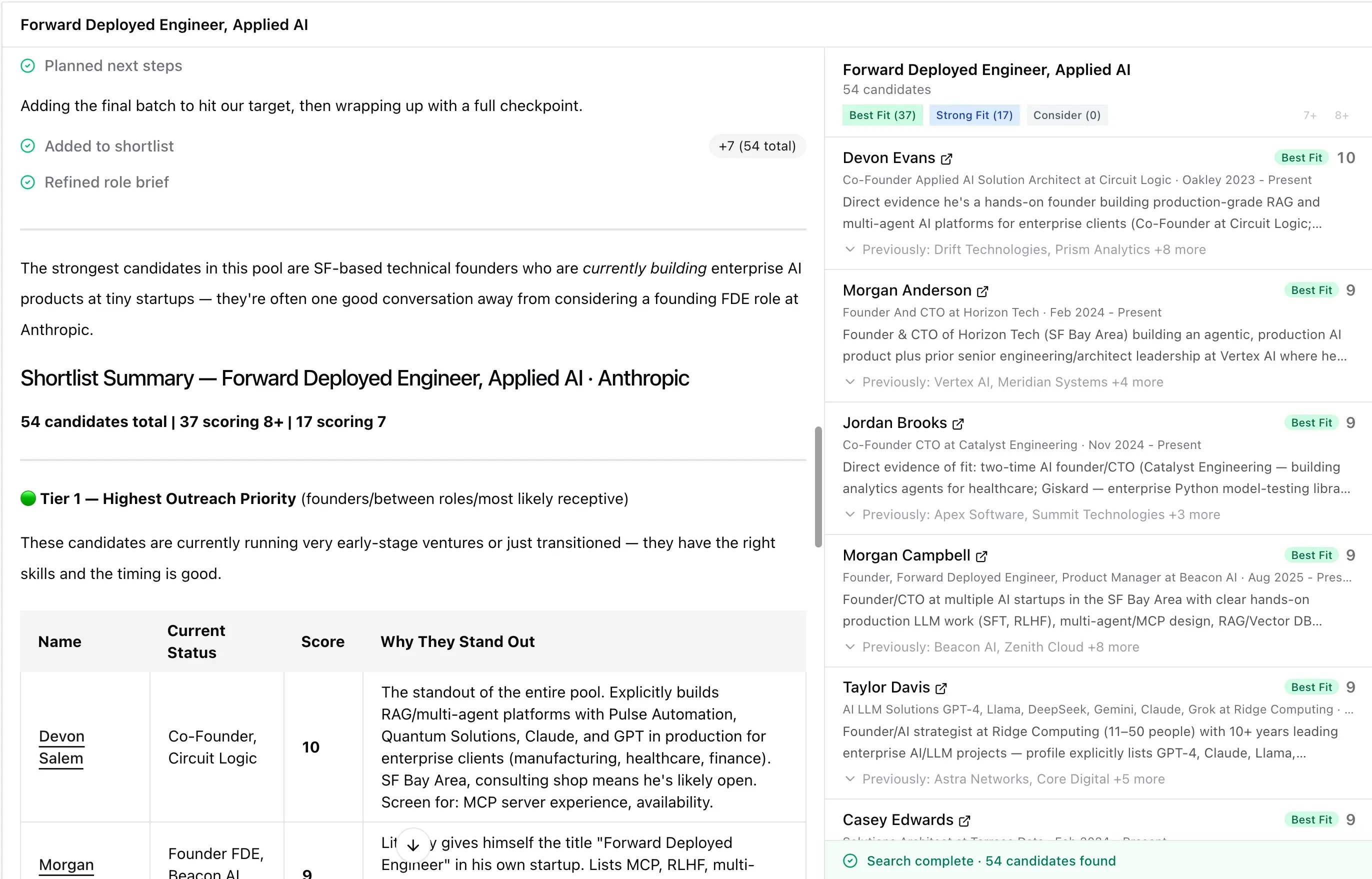 AI Outbound Sourcing demo showing a ranked candidate shortlist
