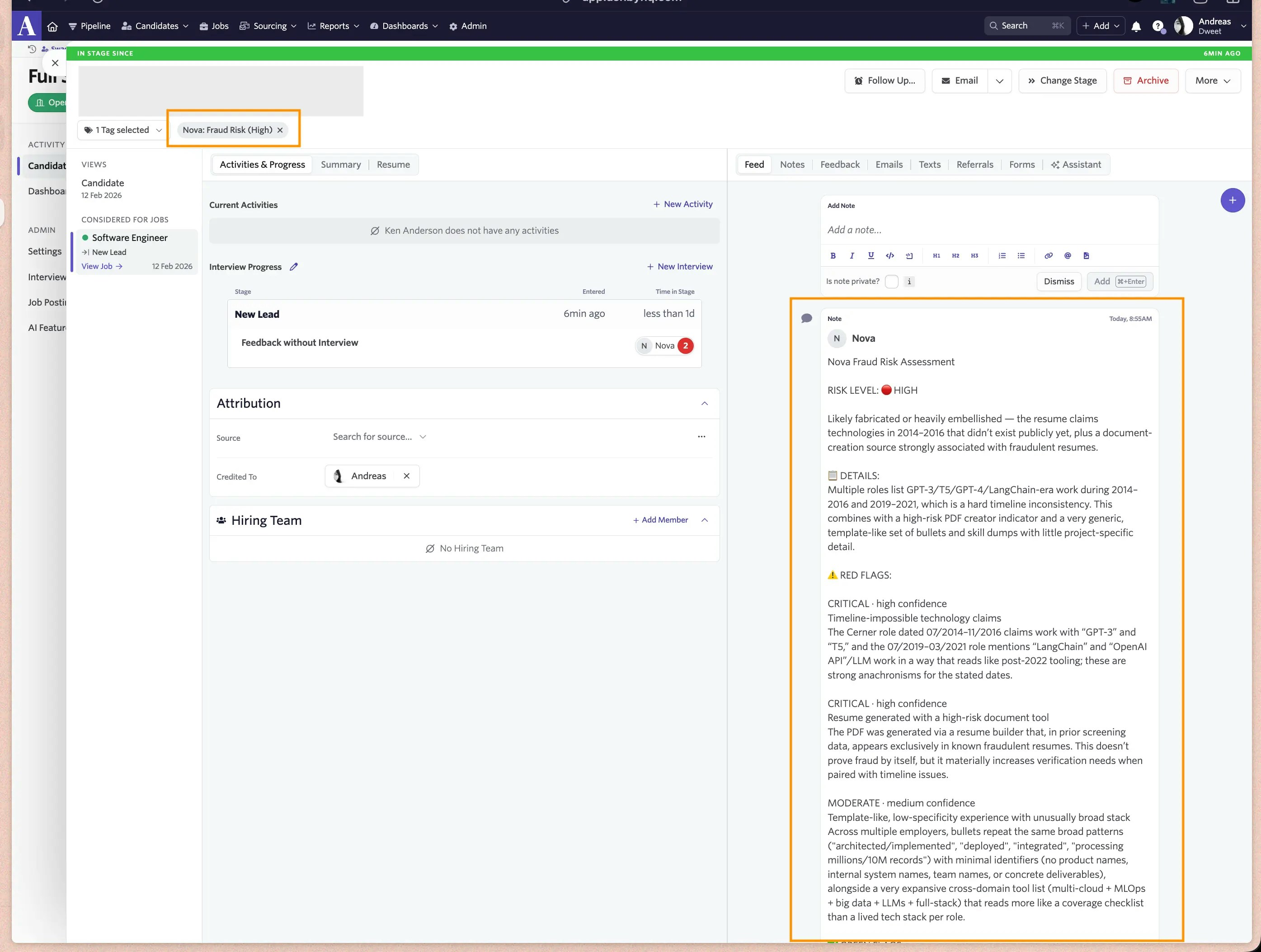 Fraud detection note displayed on a candidate profile in Ashby