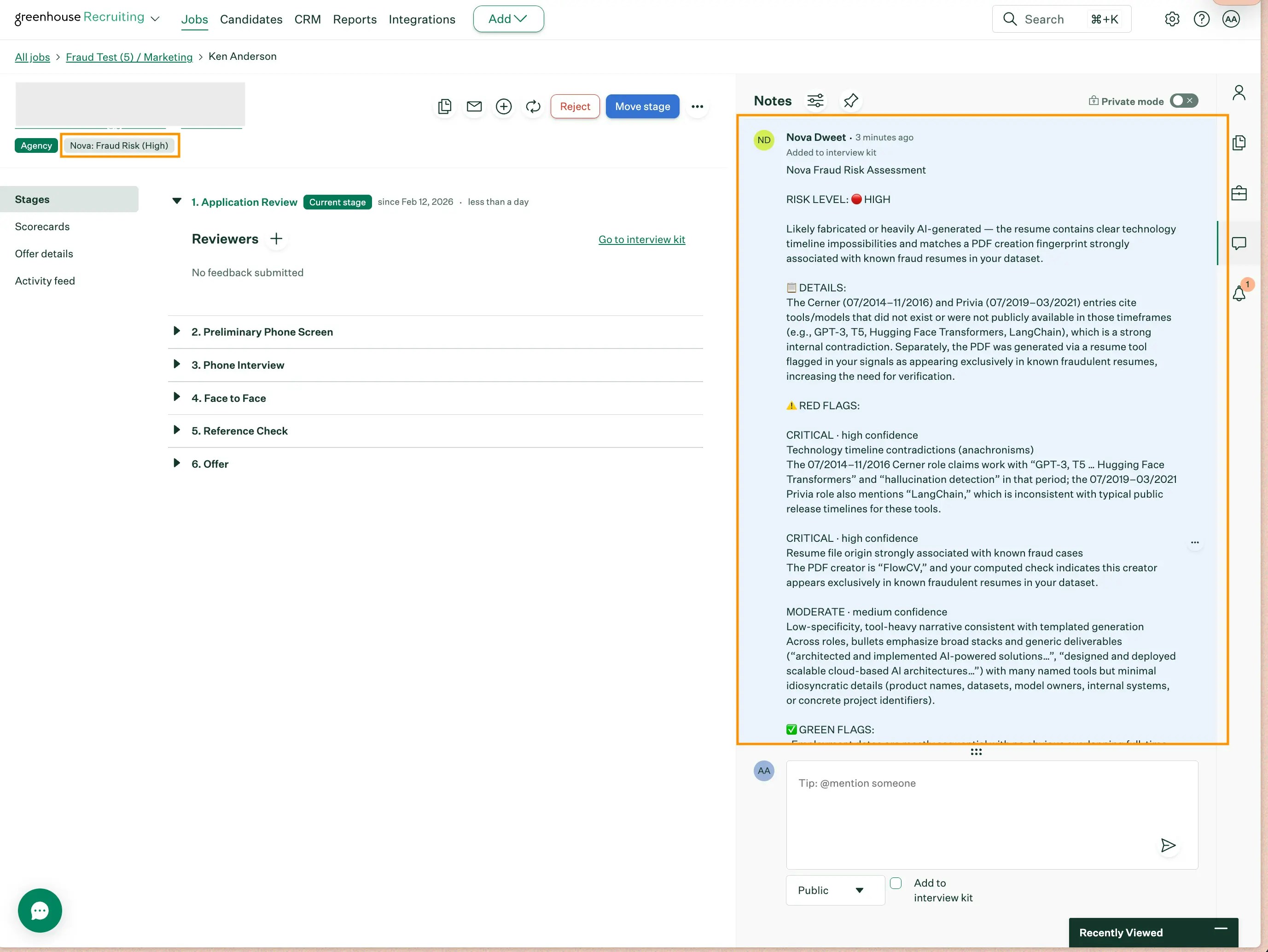 Fraud detection note displayed on a candidate profile in Greenhouse