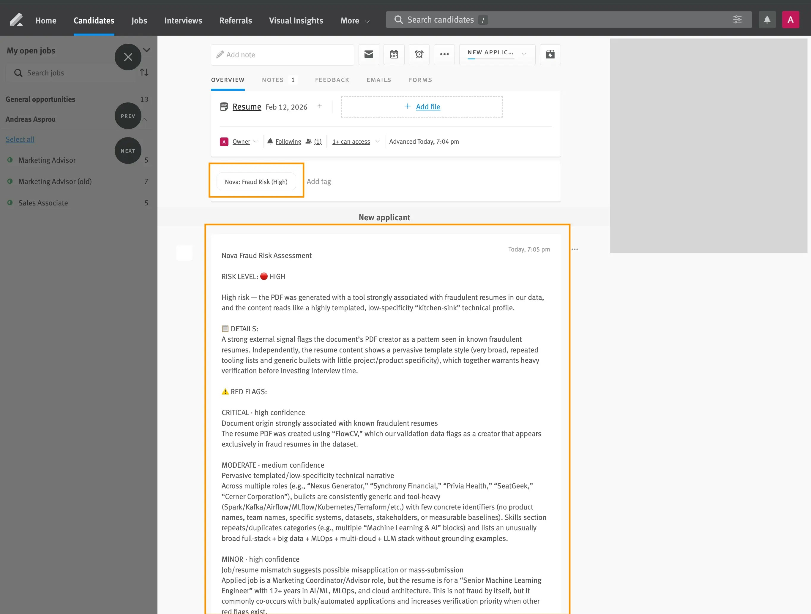 Fraud detection note displayed on a candidate profile in Lever