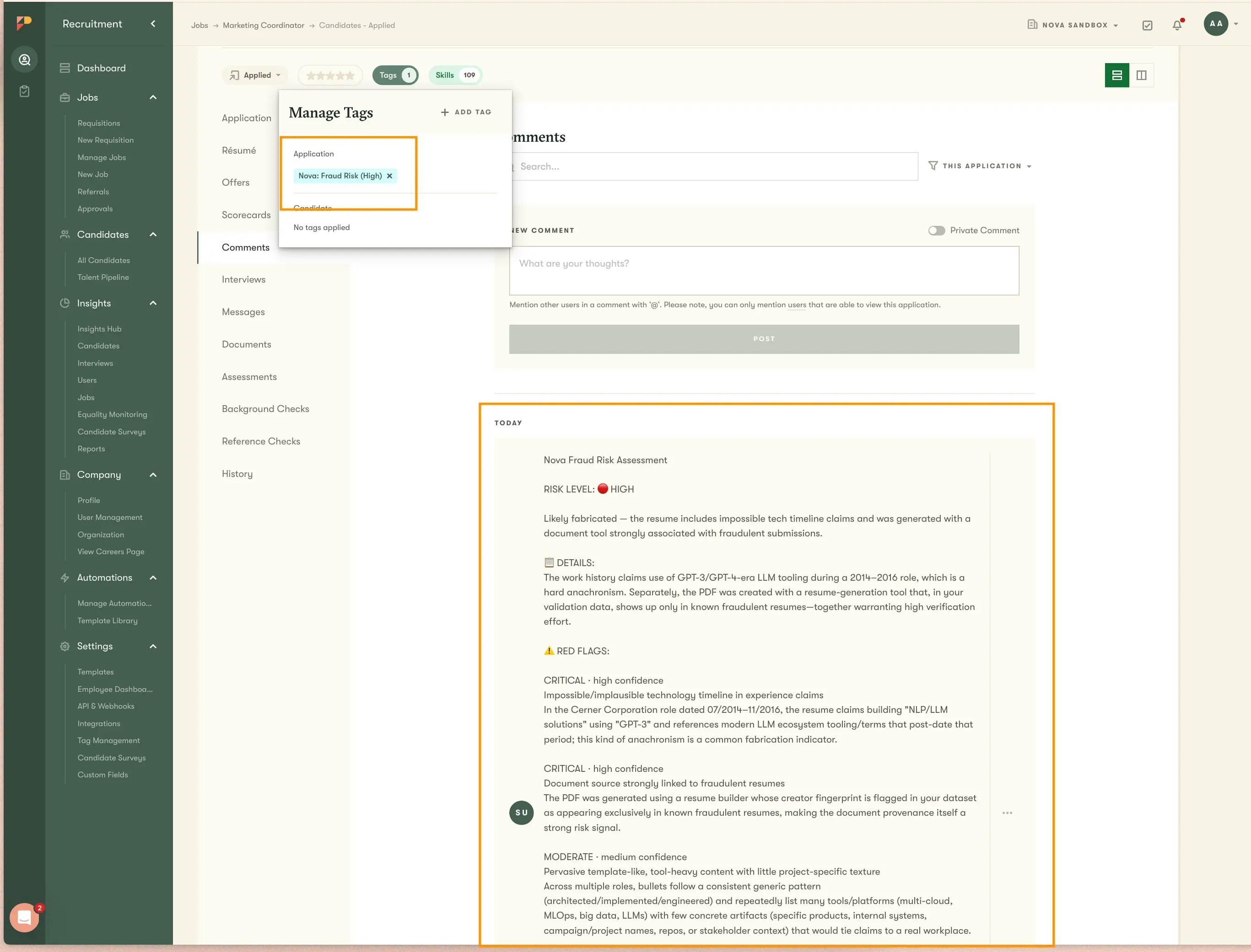 Fraud detection note displayed on a candidate profile in Pinpoint