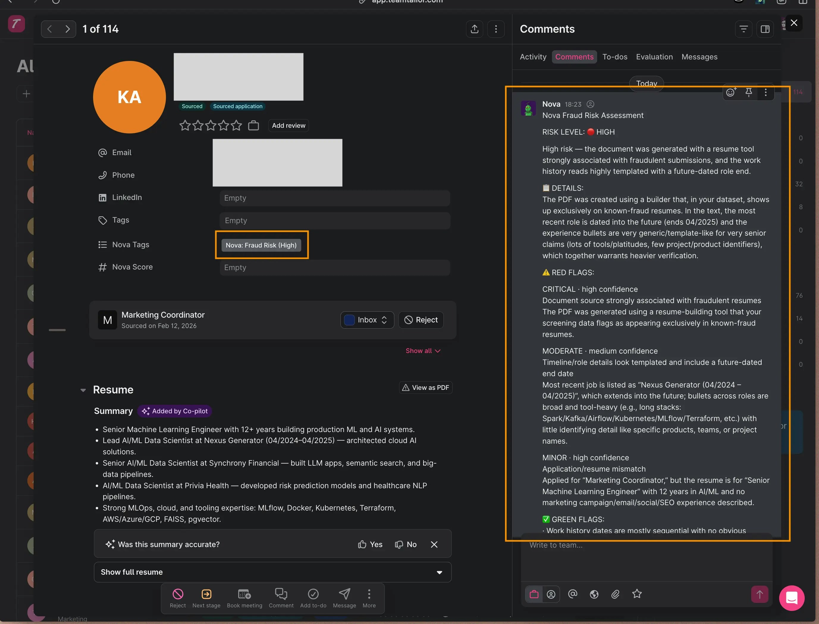 Fraud detection note displayed on a candidate profile in Teamtailor