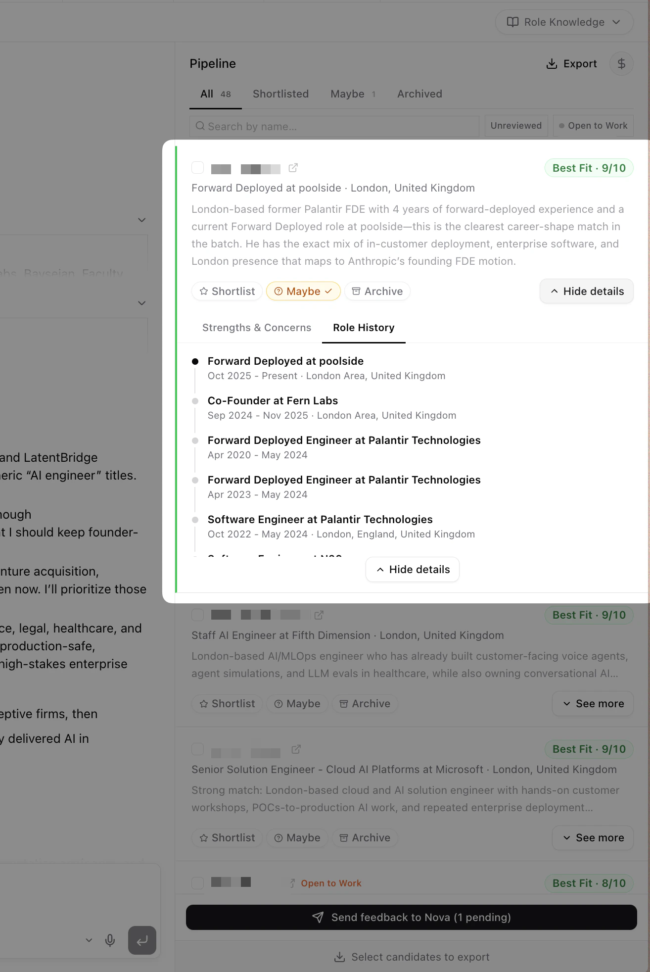 Pipeline sidebar with expanded candidate card showing the Work Experience tab with a timeline of positions, dates, and locations