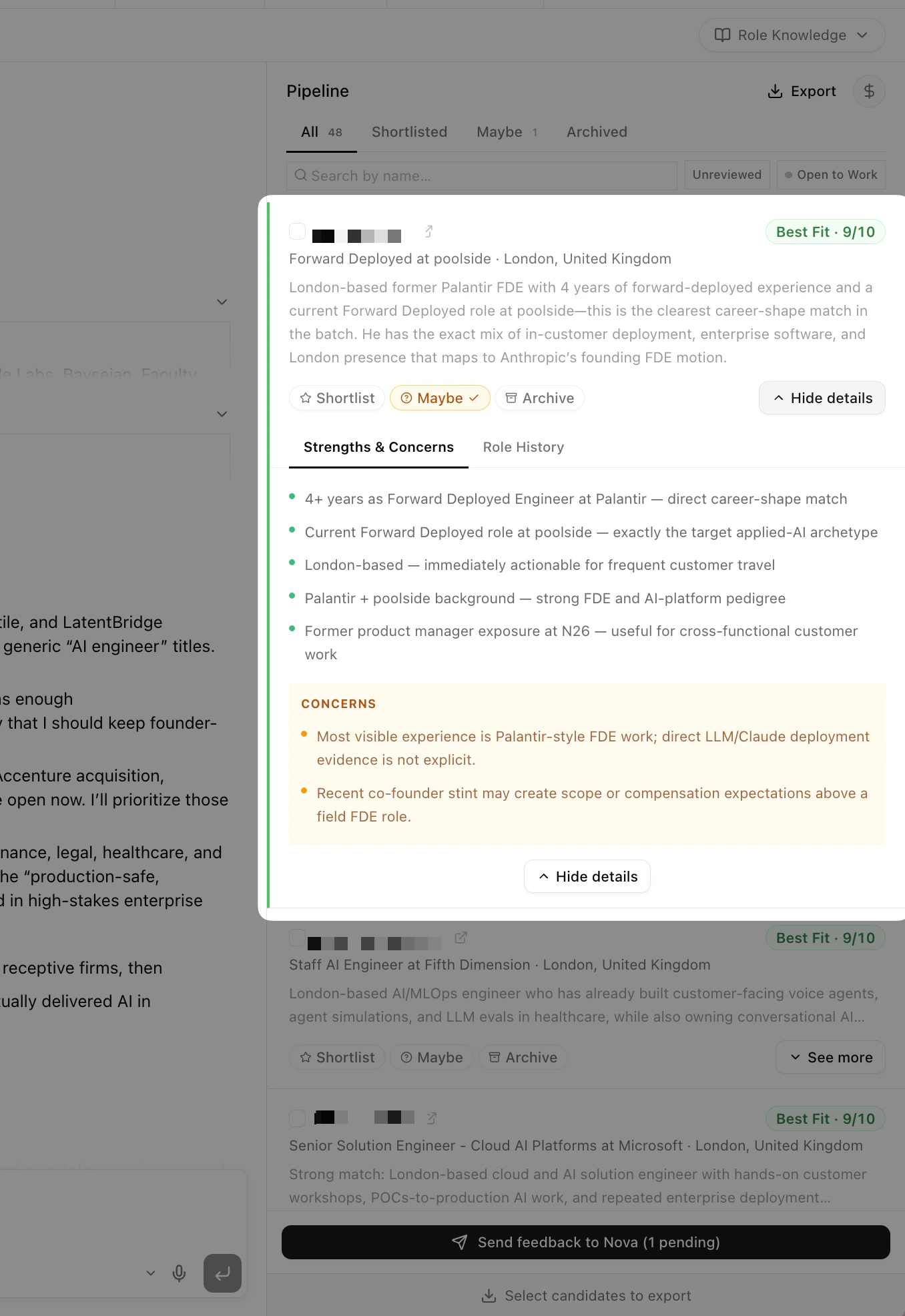 Pipeline sidebar with expanded candidate card showing the Strengths and Concerns tab with green strength bullets and orange concern blocks